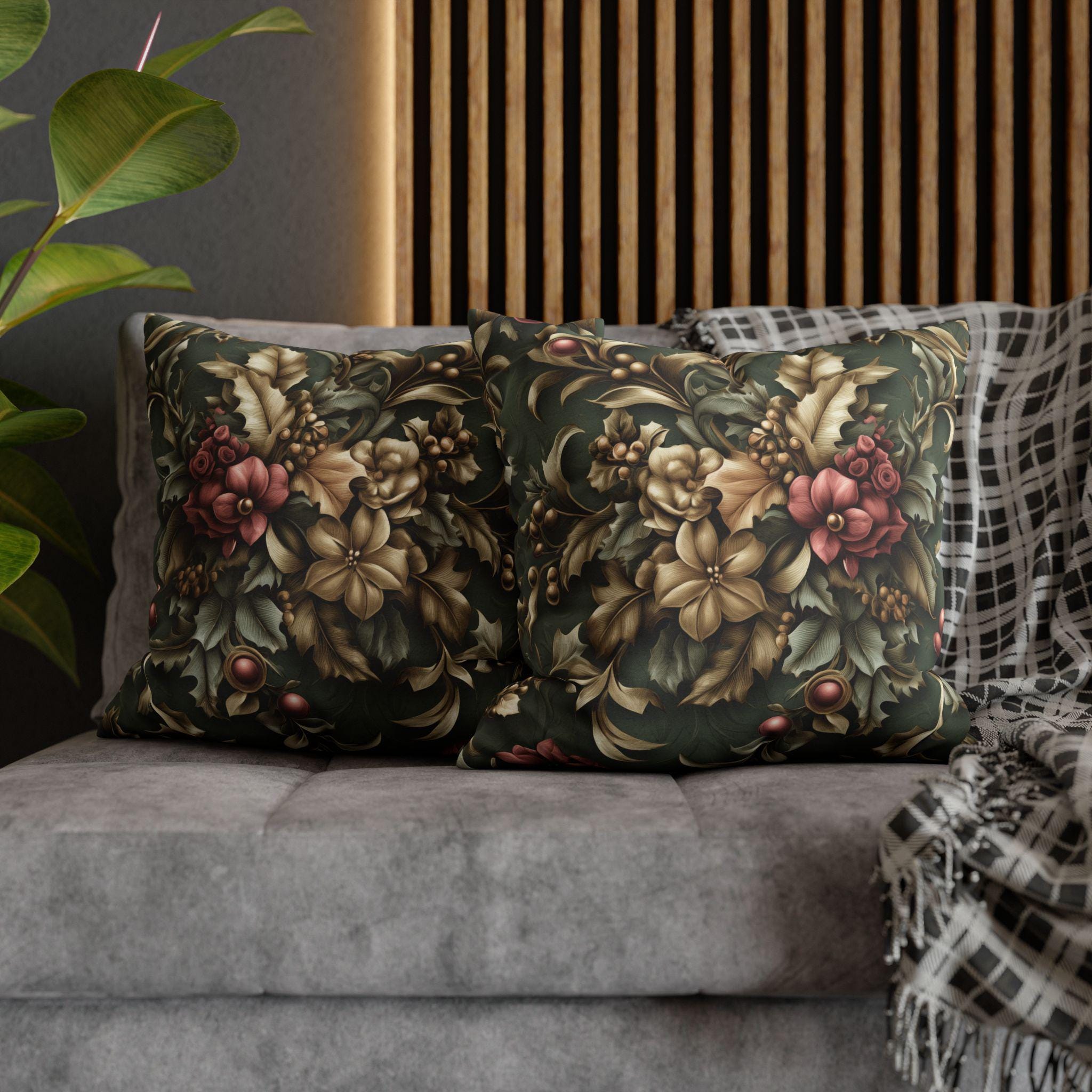 William Morris Inspired Holly & Poinsettia Christmas Pillow Cover: Pine, Gold, Cranberry