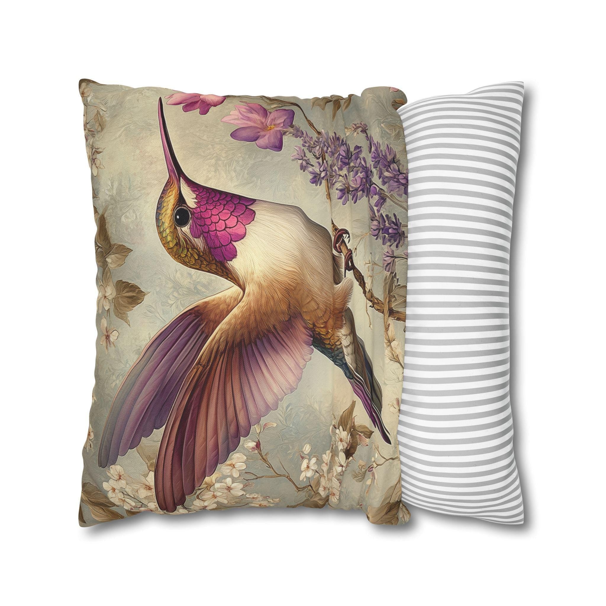 Vintage Style William Morris Inspired Hummingbird Pillow Cover: Elegant Botanical Lavender Bloom Garden Cushion