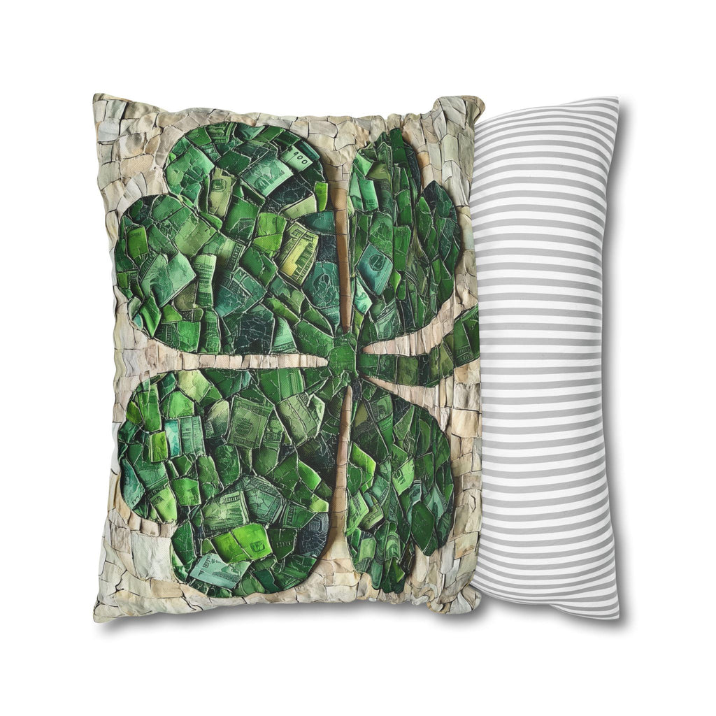 St. Patrick's Day Lucky Clover Pillowcase: Green Money Mosaic Design, Handcrafted Square Decor