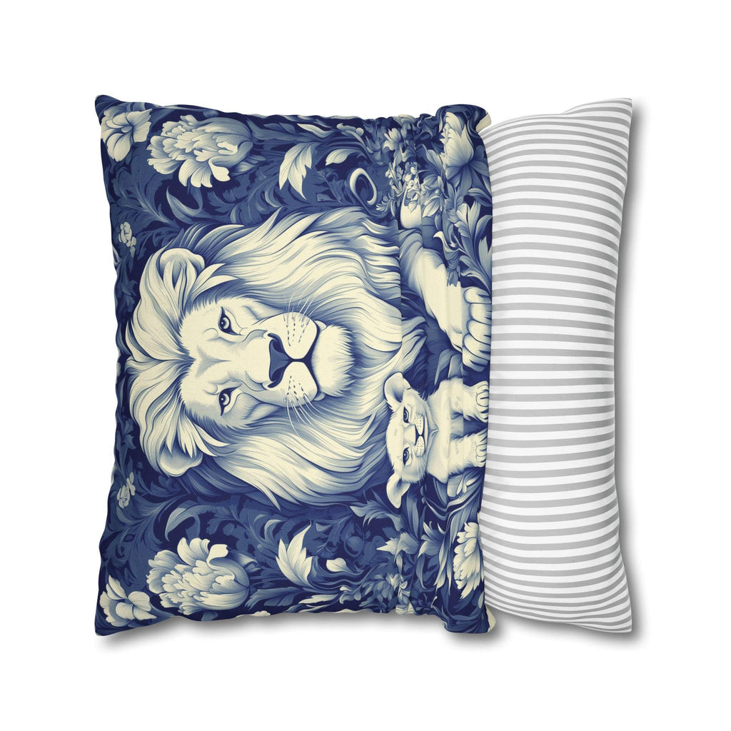 William Morris Inspired Lion Pillow Cover: Blue & White Floral Jungle Motif Decorative Cushion Case