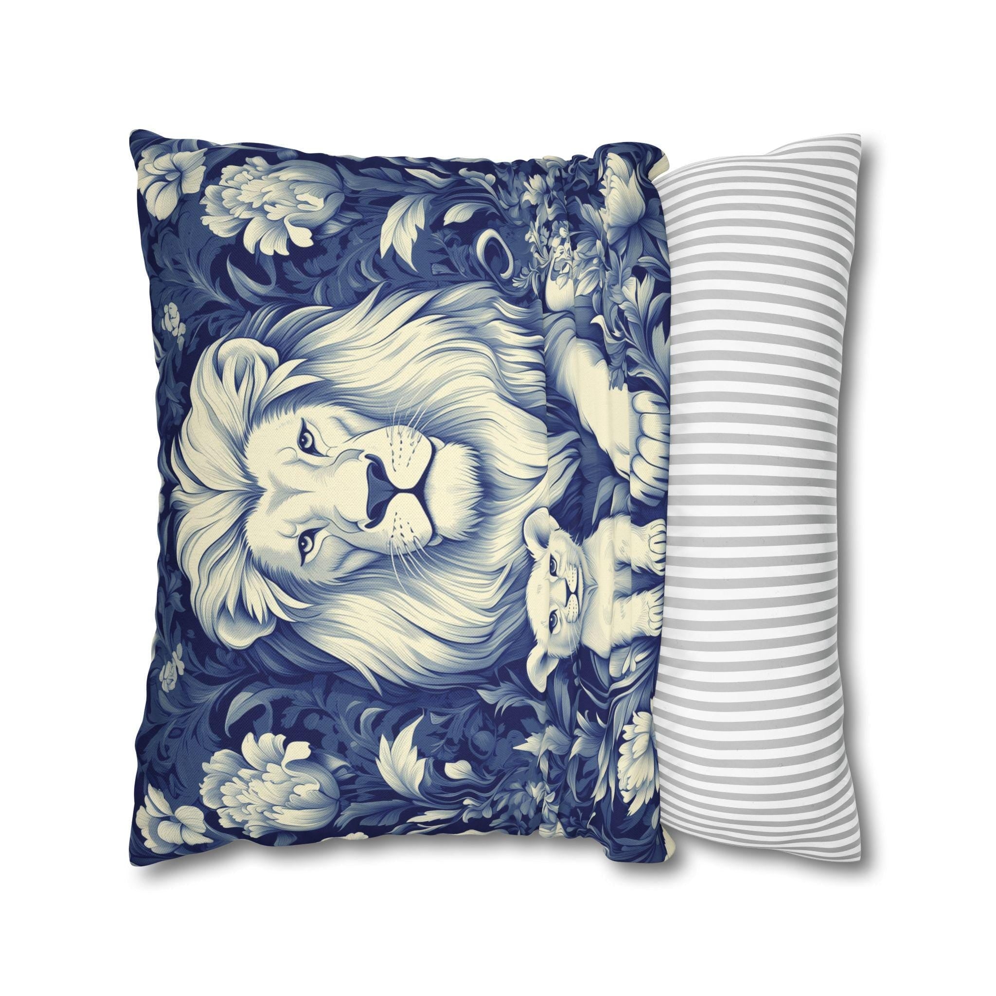 William Morris Inspired Lion Pillow Cover: Blue & White Floral Jungle Motif Decorative Cushion Case