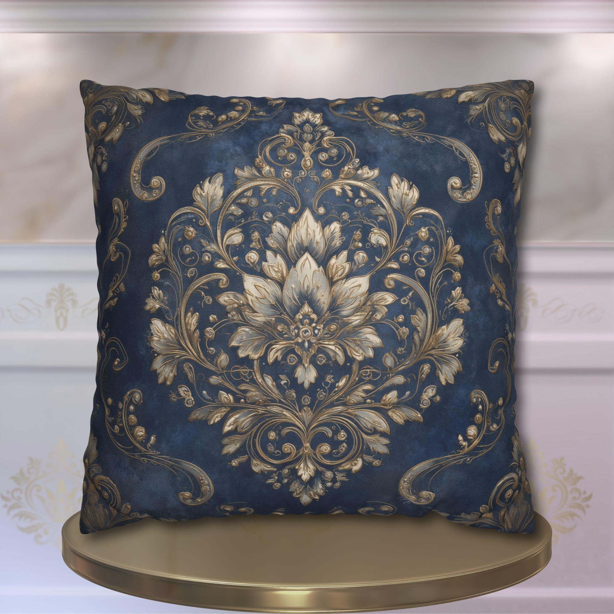 Elegant Baroque Navy and Gold Floral Damask Pillow Cover for Vintage Luxe Home Decor