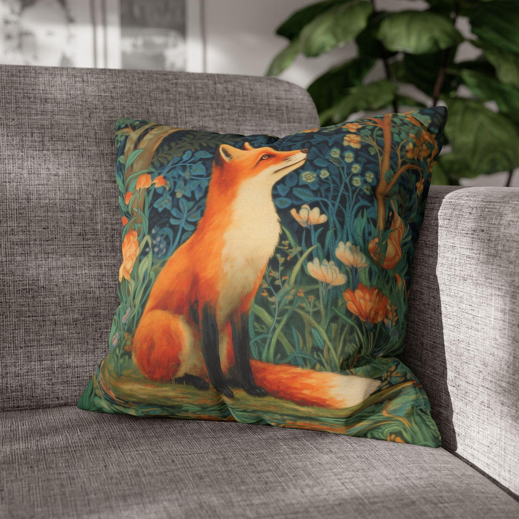 Morris-Inspired Red Fox Botanical Pillow Cover: Vintage Style Moody Woodland Blooms