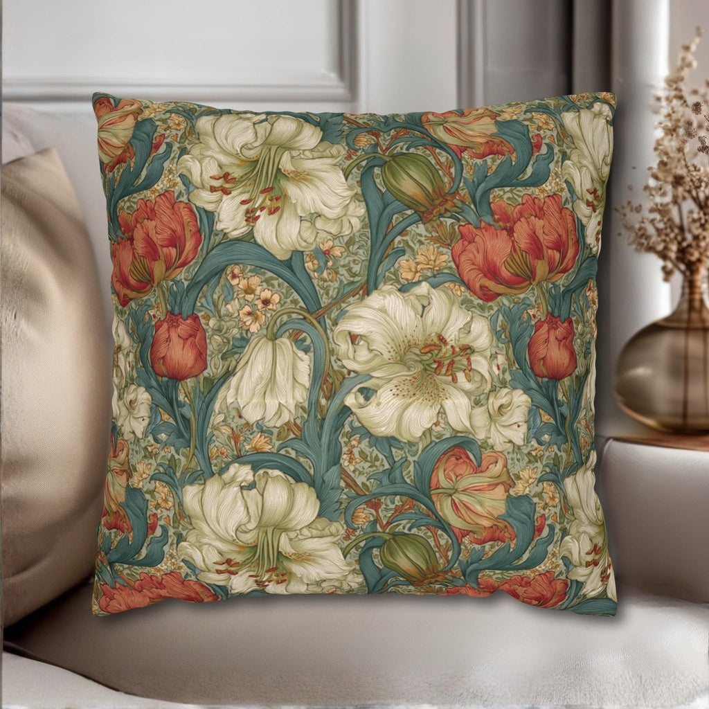William Morris Style Pillow Cover: Ivory and Coral Lilies on a Celadon Background