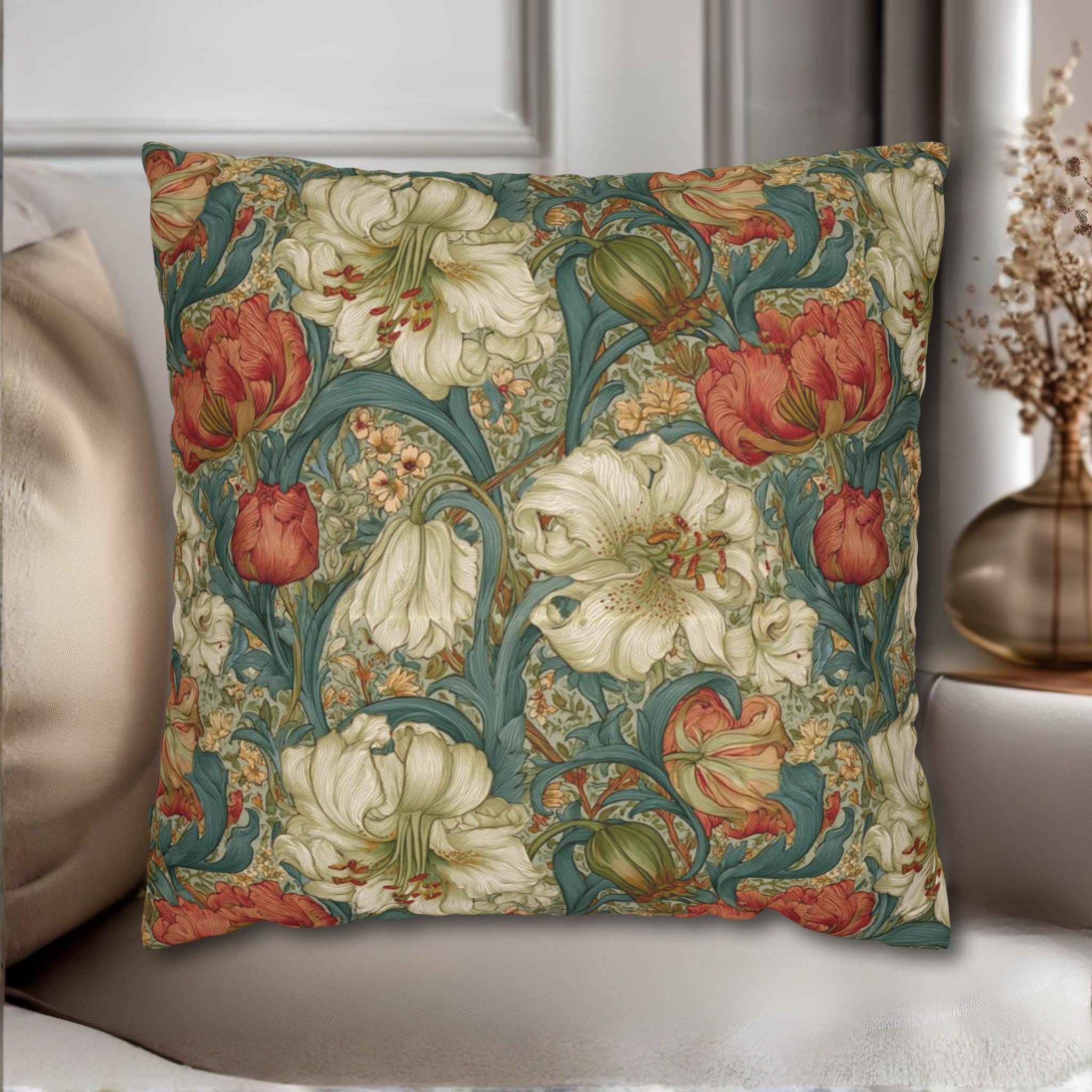 William Morris Style Pillow Cover: Ivory and Coral Lilies on a Celadon Background