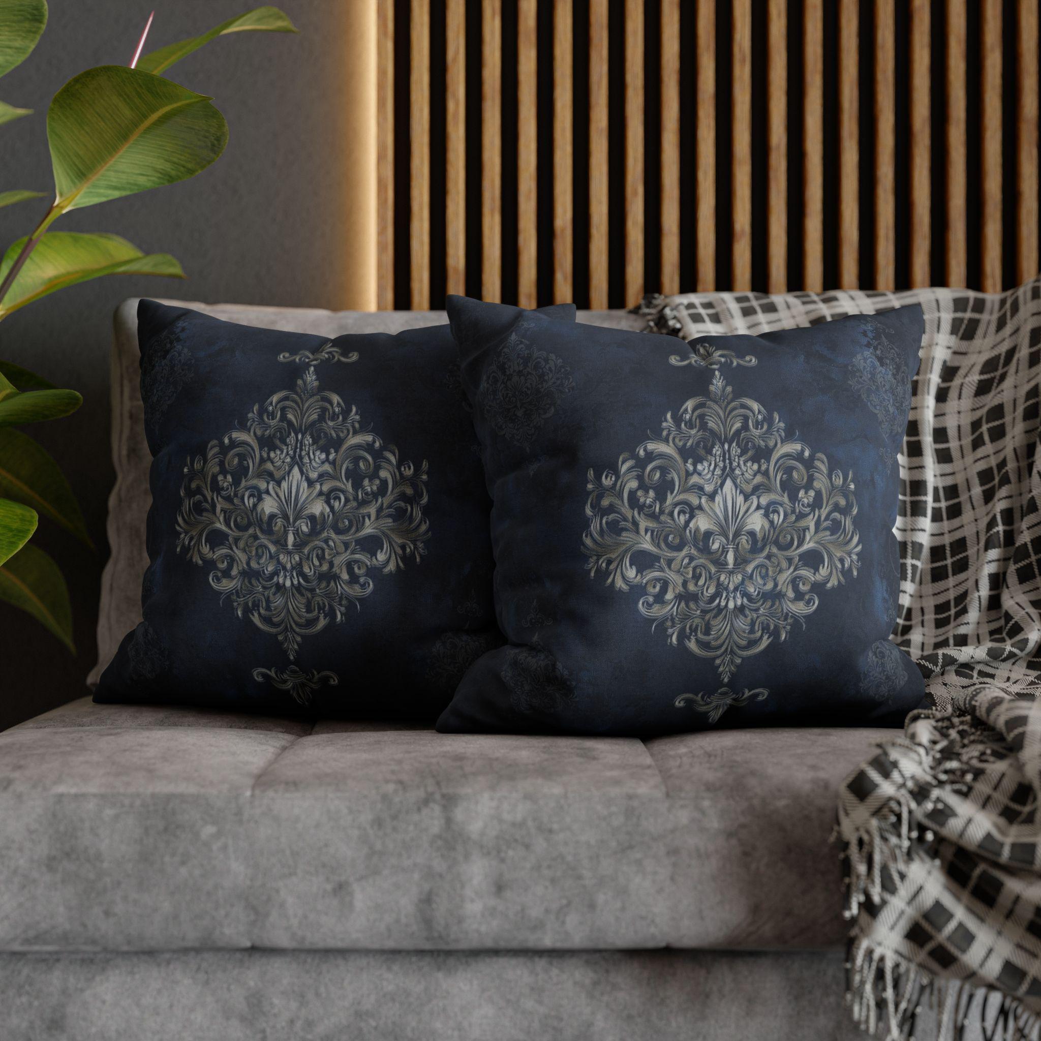 Elegant Navy Blue Damask Pillow Cover with Antique Gold Scroll Pattern - Baroque Accent Cushion
