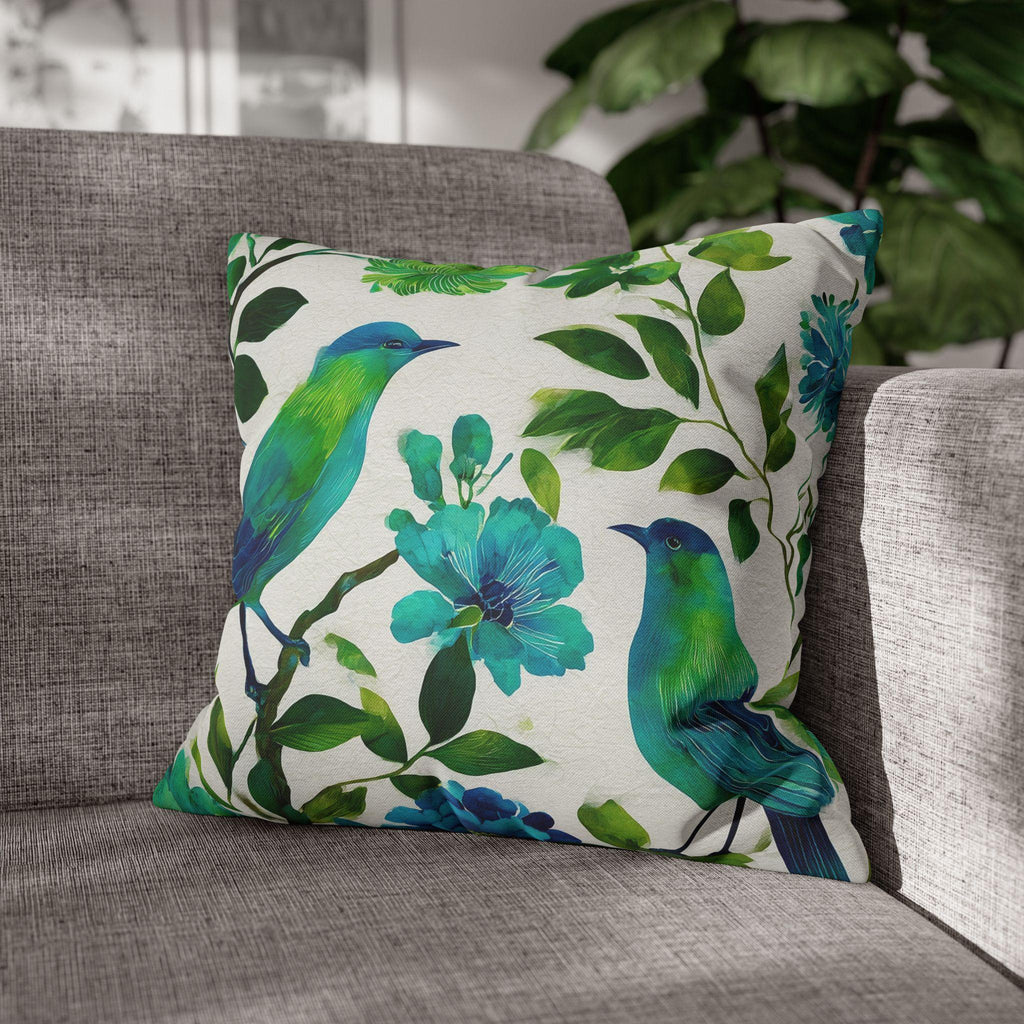 Chinoiserie Bird Pillow Cover: Teal Green Watercolor Floral Cushion