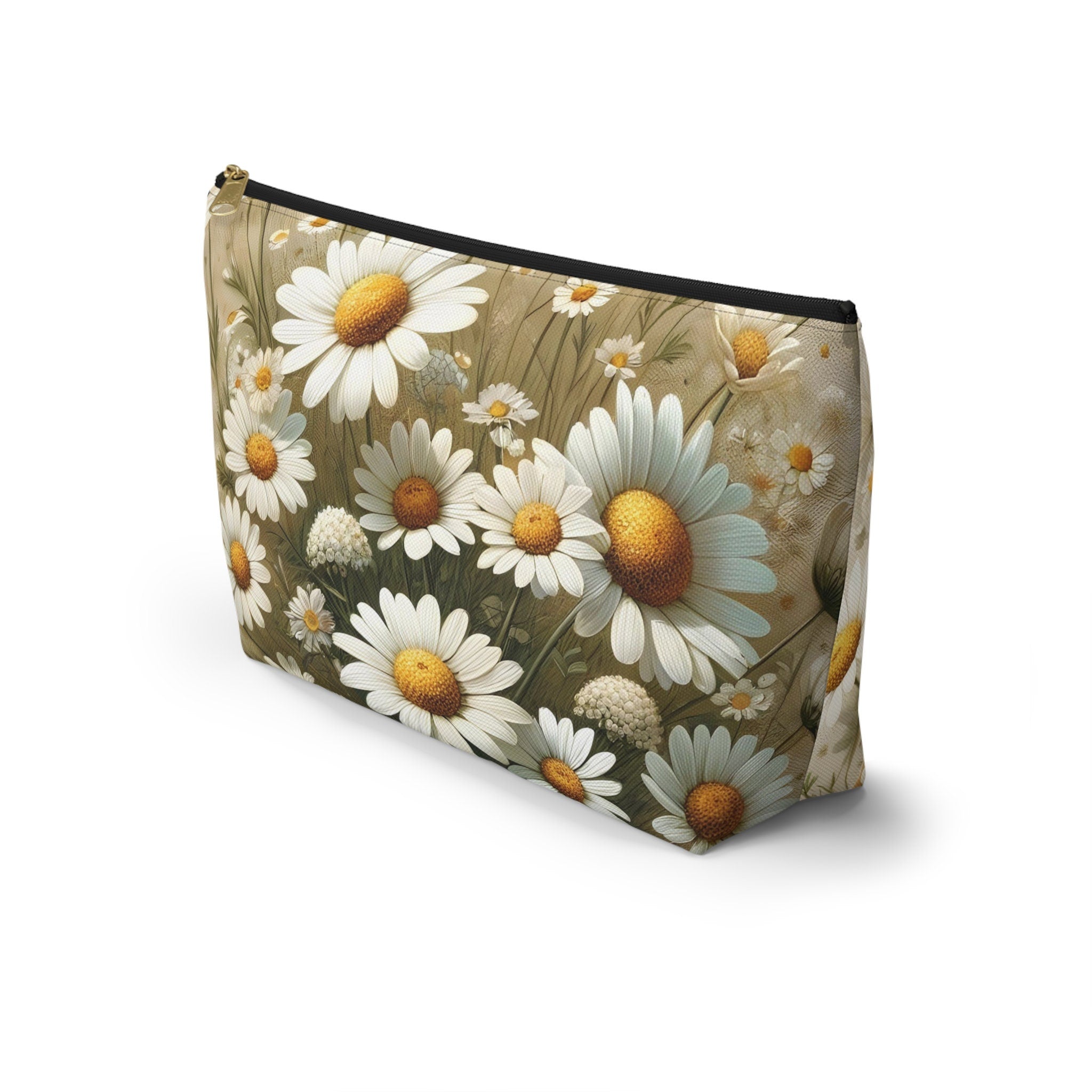 Wild Daisies Accessory Pouch with T-Bottom Floral Design in Large & Small Sizes, Gift for Mom, Gift for Her