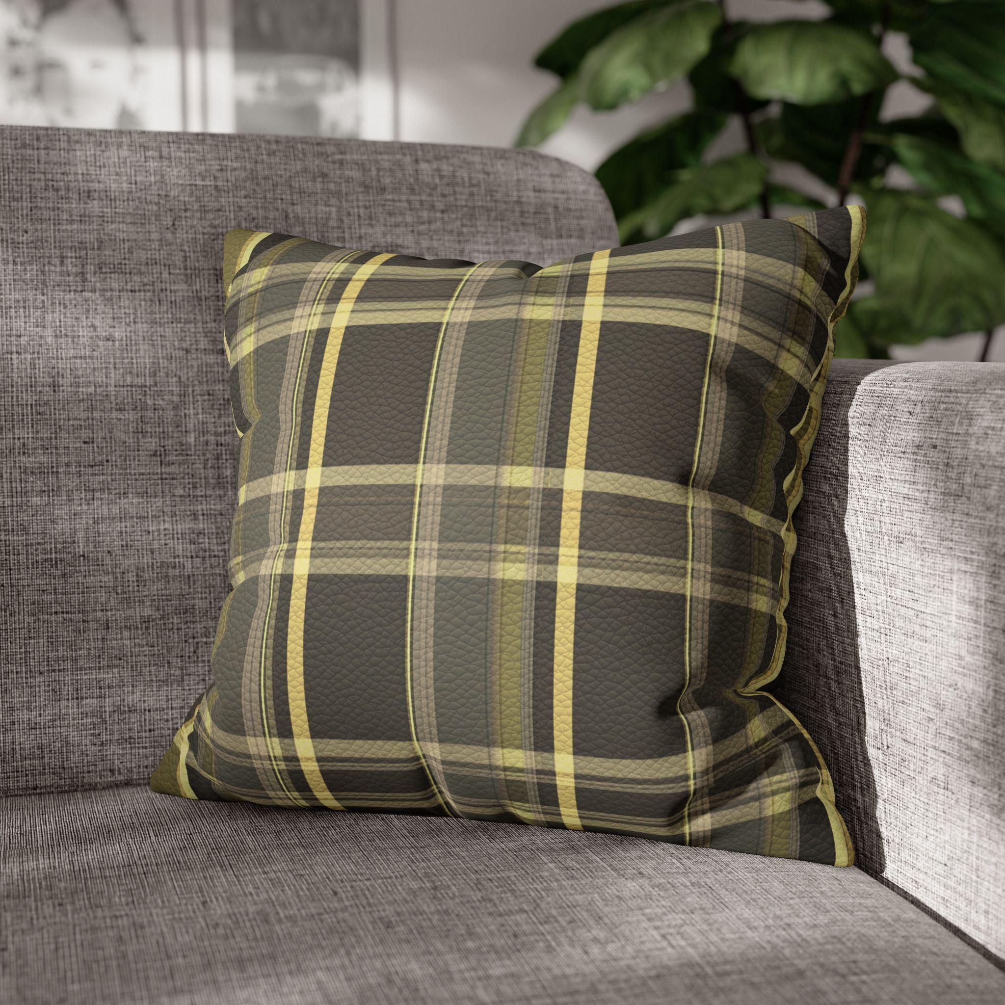 Vegan Faux Suede Material Printed Pillow Cover: Modern Olive & Golden Yellow Plaid Soft Leather-Look