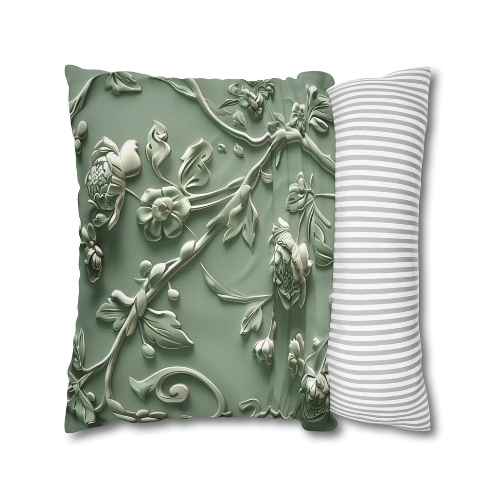 Elegant Chinoiserie Floral Pillow Cover: Sage & Teal Monochromatic Sculpted Botanical Cushion Case