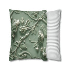 Elegant Chinoiserie Floral Pillow Cover: Sage & Teal Monochromatic Sculpted Botanical Cushion Case