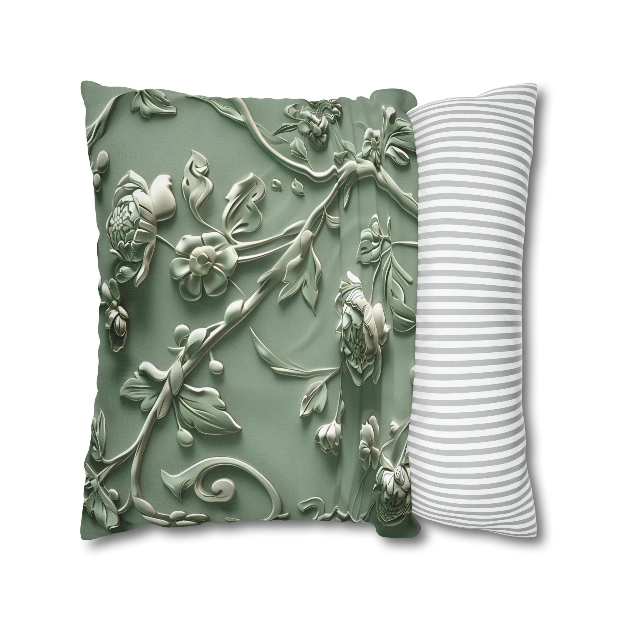 Elegant Chinoiserie Floral Pillow Cover: Sage & Teal Monochromatic Sculpted Botanical Cushion Case
