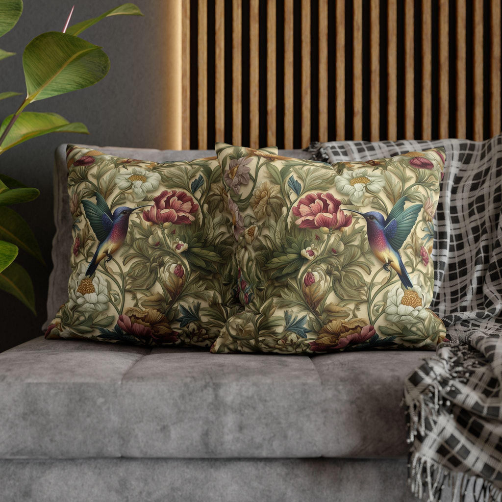 William Morris Inspired Botanical Pillow Cover: Vintage Style Hummingbird & Blooms