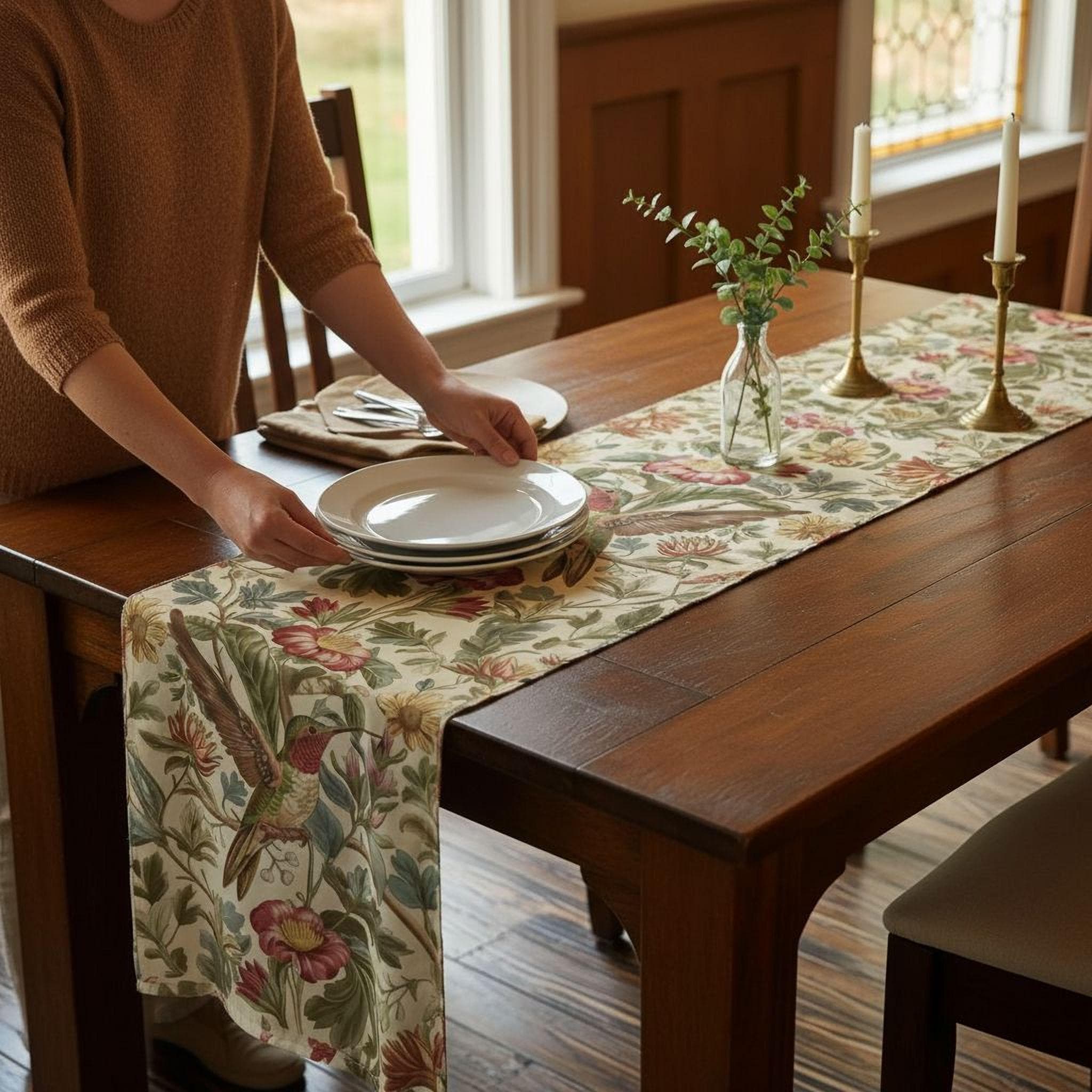 William Morris Table Runner: Vintage Style Botanical Hummingbird Floral Accent