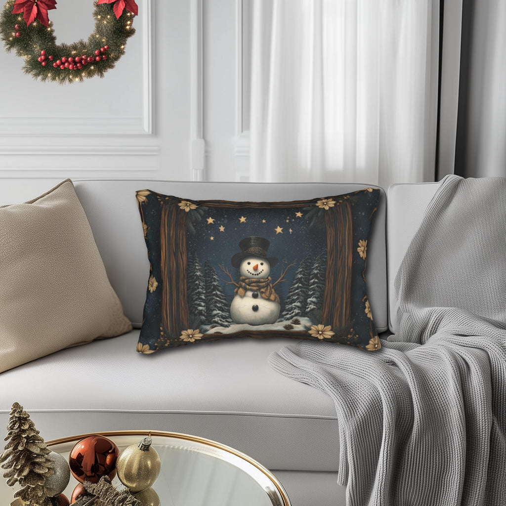 William Morris Inspired Winter Snowman Lumbar Pillow, Christmas Throw Cushion