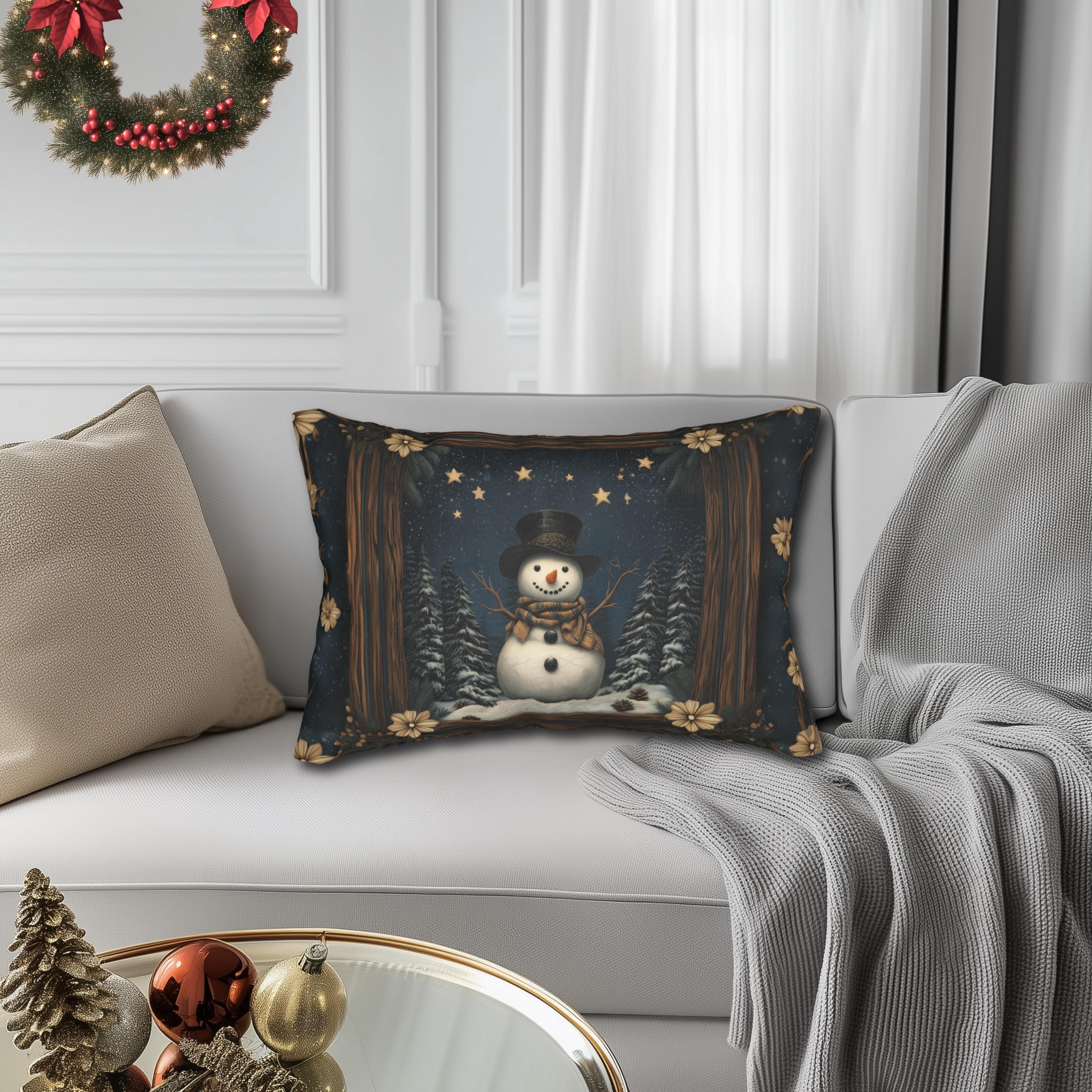 William Morris Inspired Winter Snowman Lumbar Pillow, Christmas Throw Cushion
