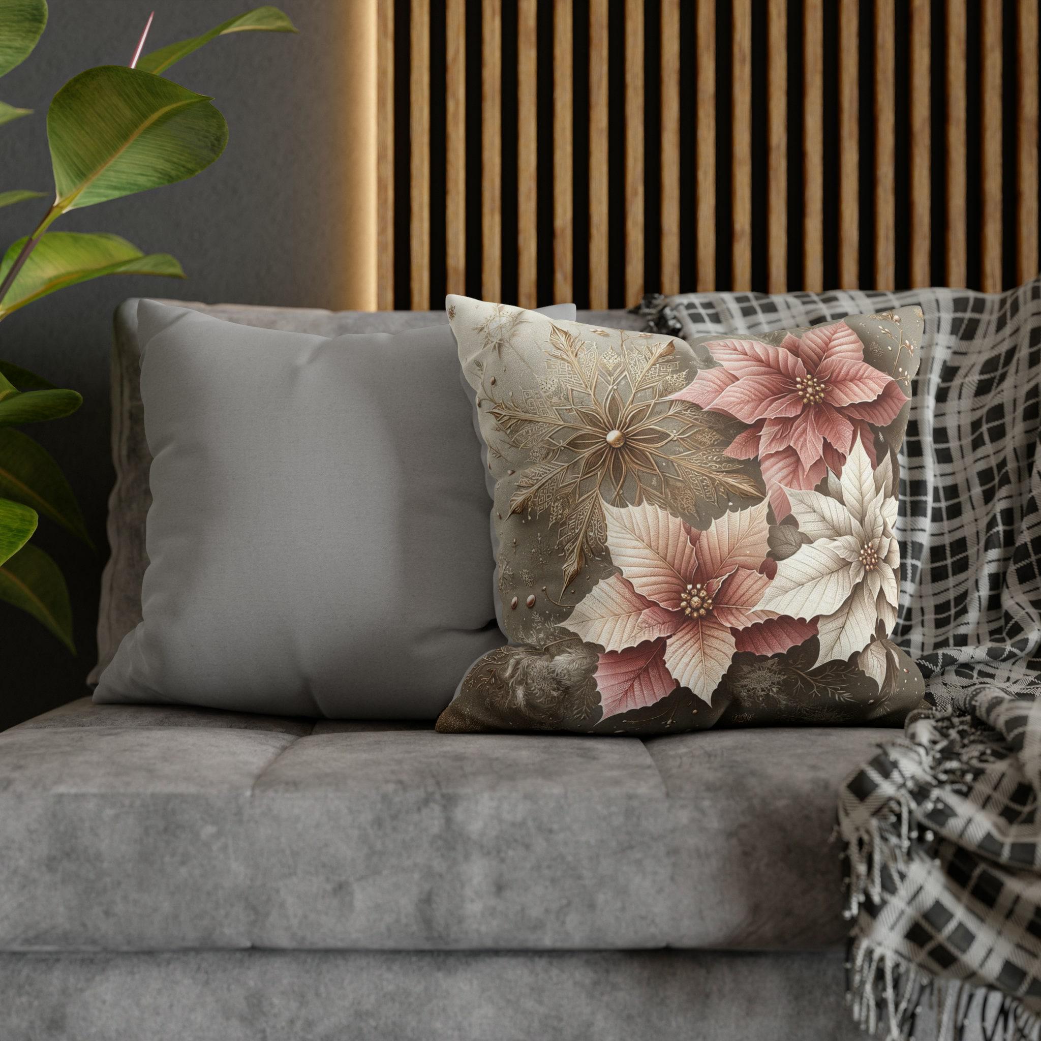 Holiday Pillow Cover, Pale Gold Snowflakes & Pink Poinsettias (Multiple Sizes)