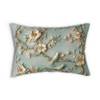 Serene Chinoiserie Lumbar Pillow: Pastel Blue-Green Birds & Blooms 3D Nature-Inspired Accent Cushion