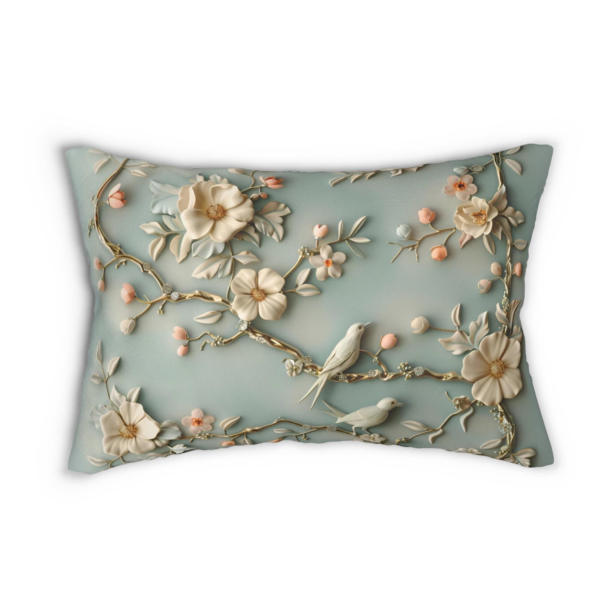 Serene Chinoiserie Lumbar Pillow: Pastel Blue-Green Birds & Blooms 3D Nature-Inspired Accent Cushion