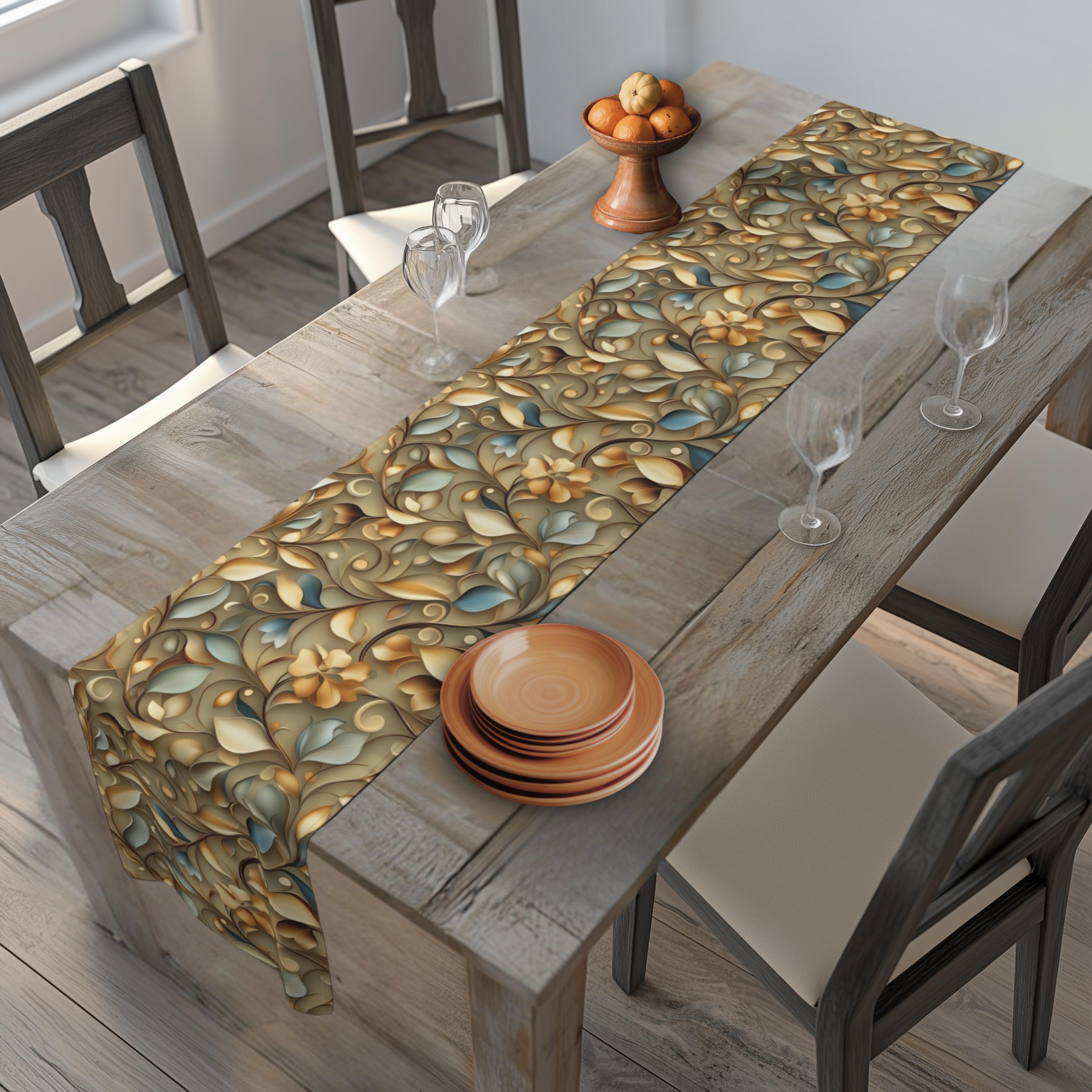 Elegant William Morris Inspired Autumn Leaves Table Runner: Gold, Blue, Sage Botanical Print