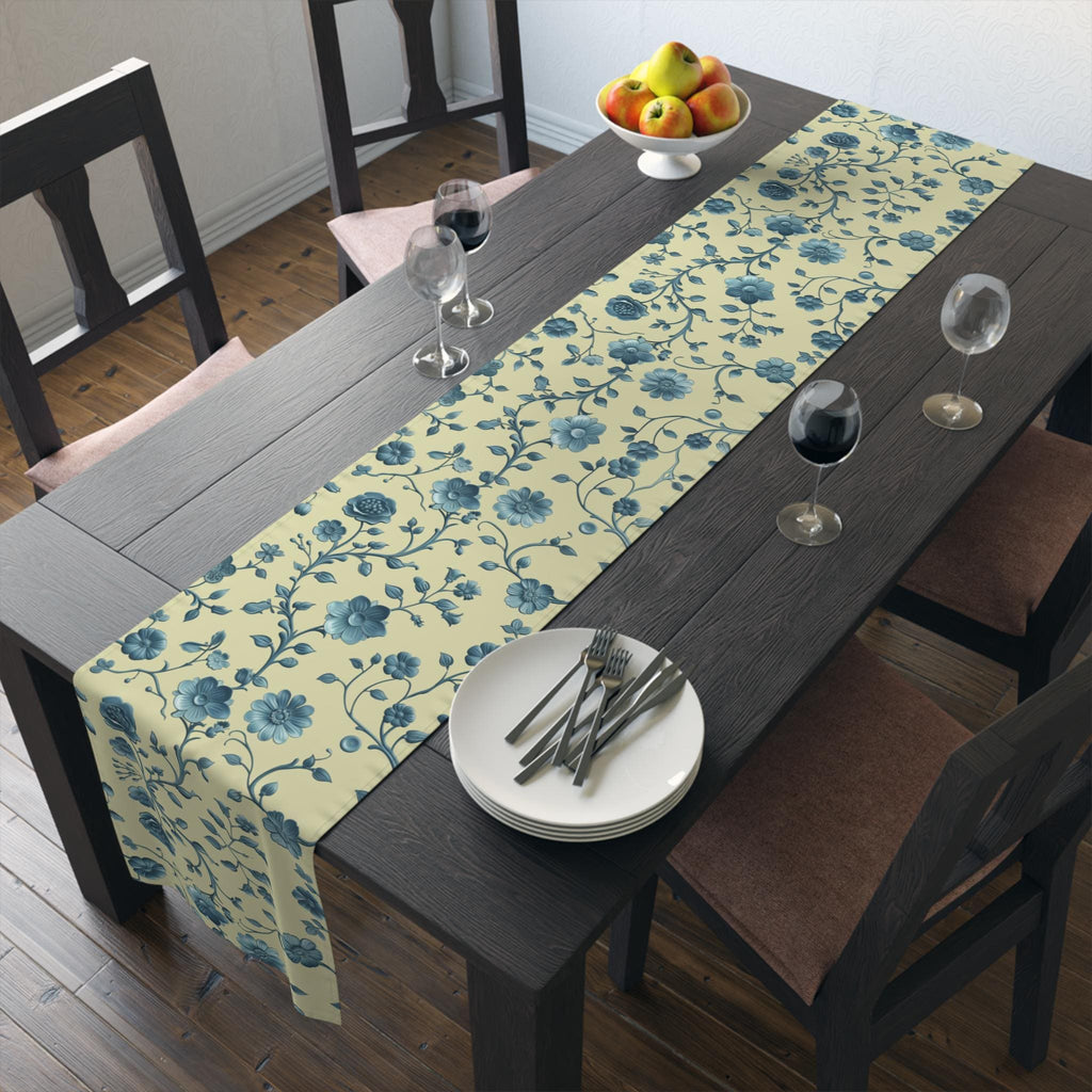 Teal Floral Chinoiserie Table Runner: Elegant Botanical Dining Decor on Buttery Yellow