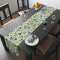 Teal Floral Chinoiserie Table Runner: Elegant Botanical Dining Decor on Buttery Yellow