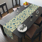 Teal Floral Chinoiserie Table Runner: Elegant Botanical Dining Decor on Buttery Yellow