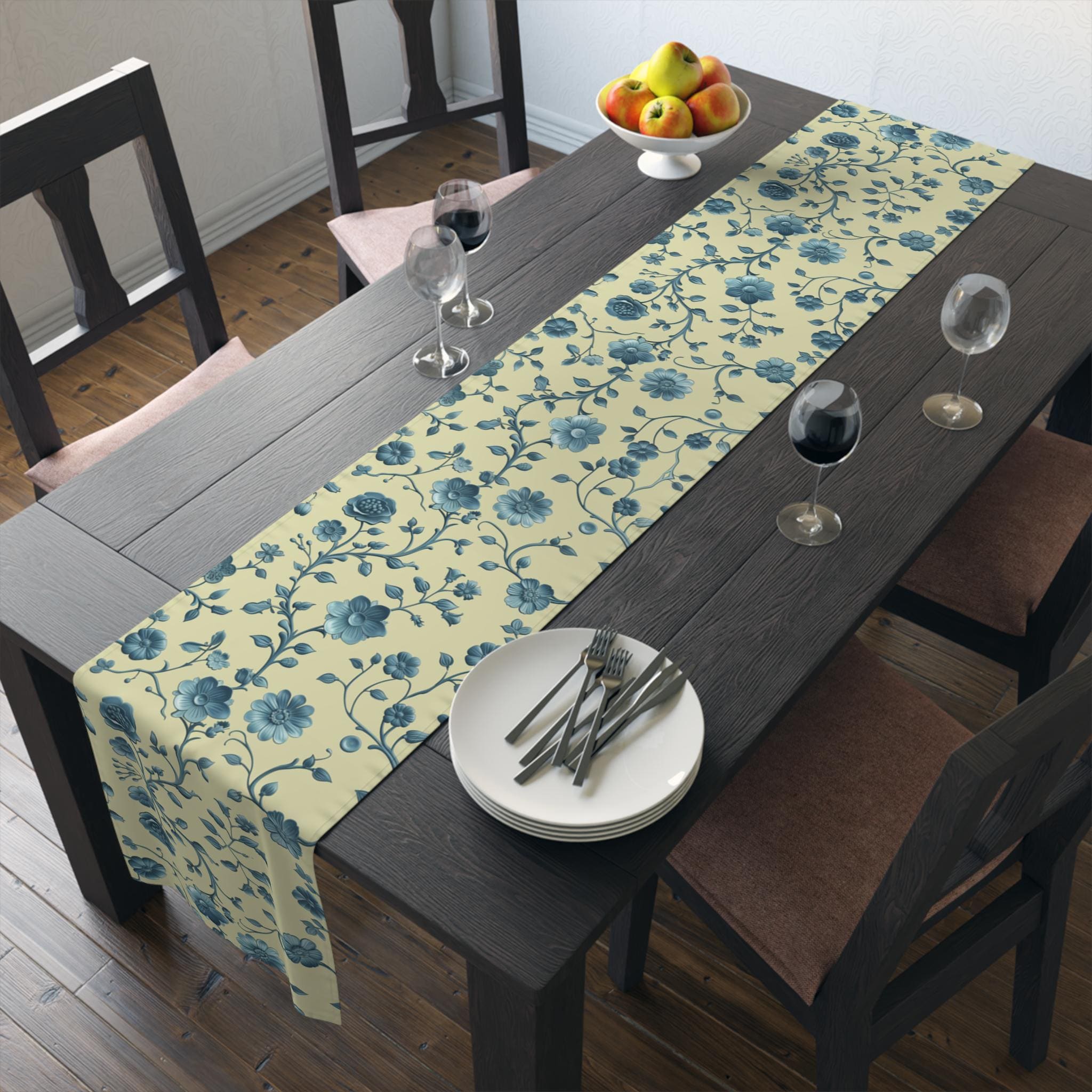 Teal Floral Chinoiserie Table Runner: Elegant Botanical Dining Decor on Buttery Yellow
