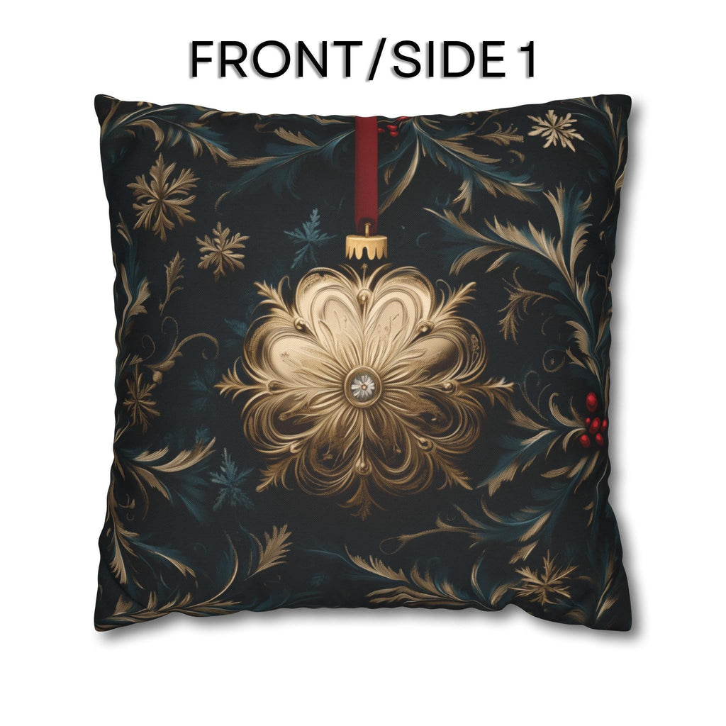 Elegant Navy & Gold Christmas Pillow Cover with Red Berries