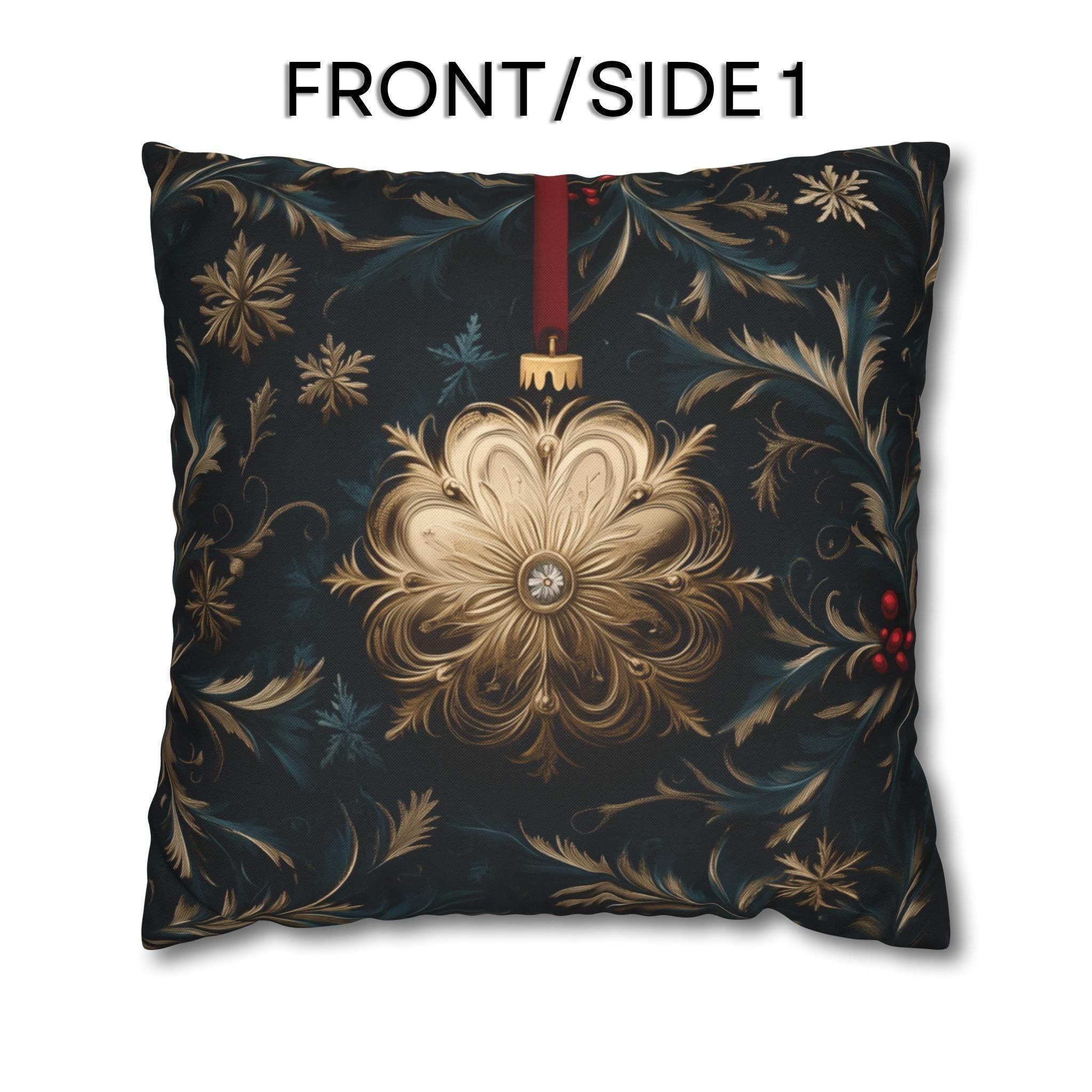 Elegant Navy & Gold Christmas Pillow Cover with Red Berries