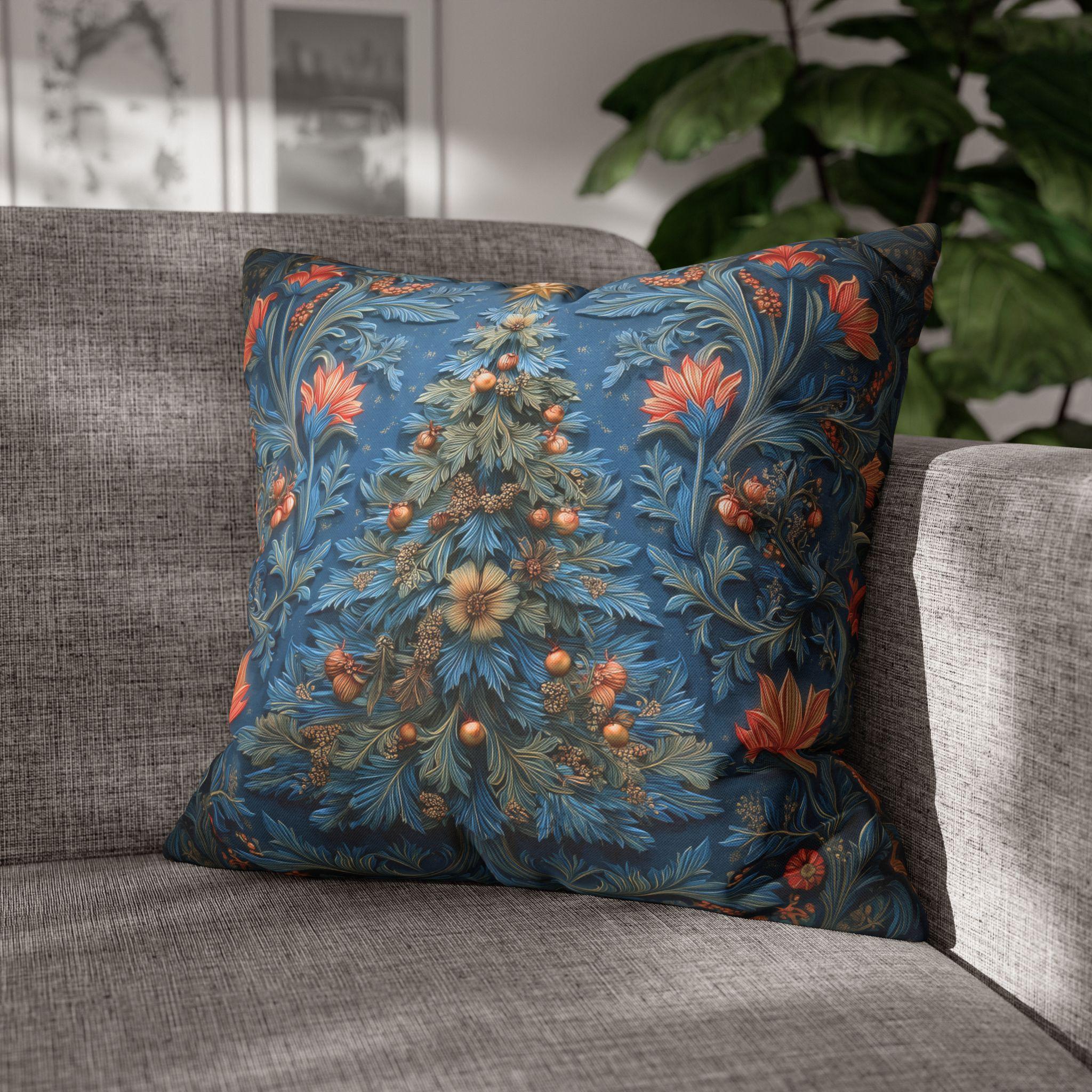 William Morris Inspired Christmas Tree Pillow Cover: Vintage Floral Holiday Design in Navy & Copper