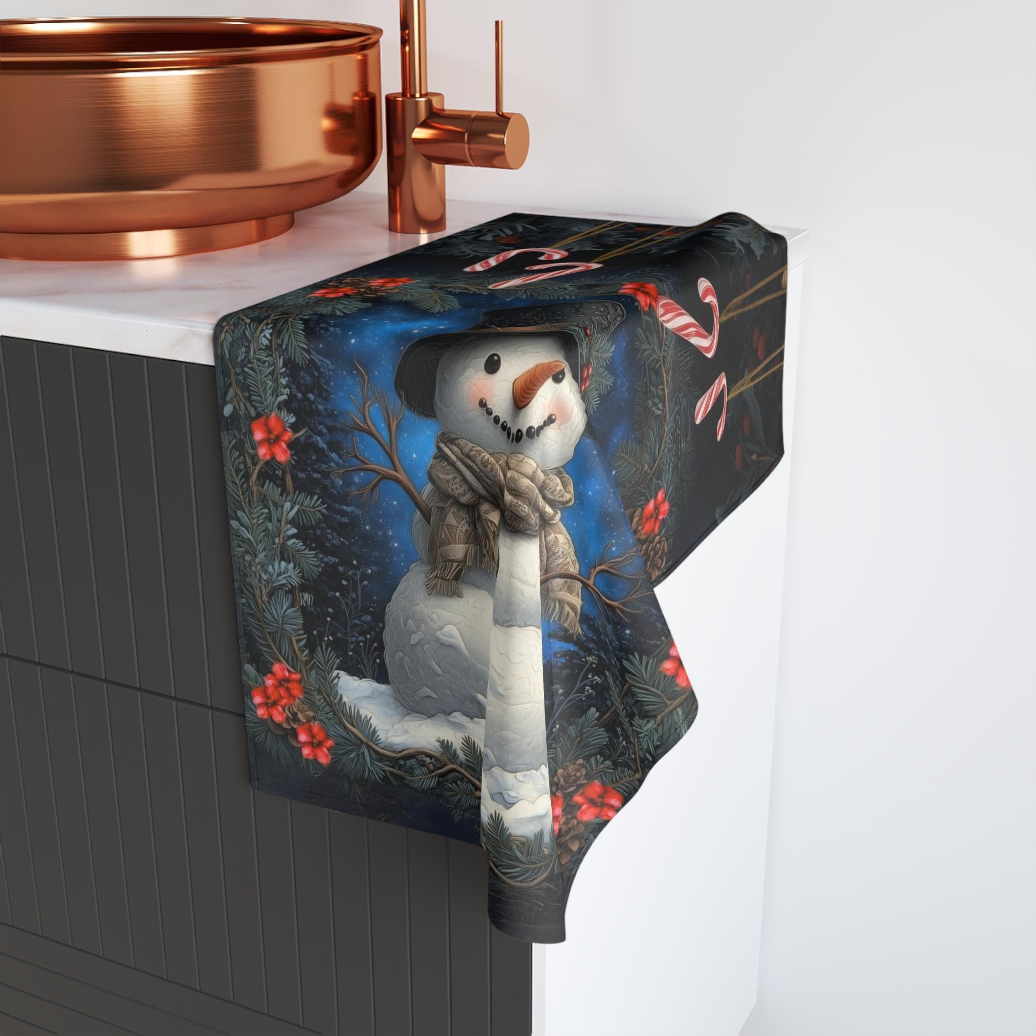 William Morris Inspired Snowman Hand Towel: Christmas Winter Bath or Kitchen Decor