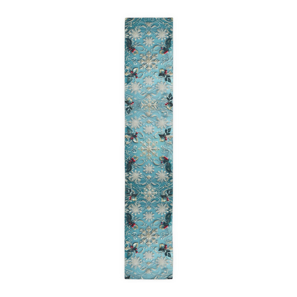 Elegant Blue Christmas Table Runner with Snowflakes, Holly Leaves, and Berries for Festive Dining