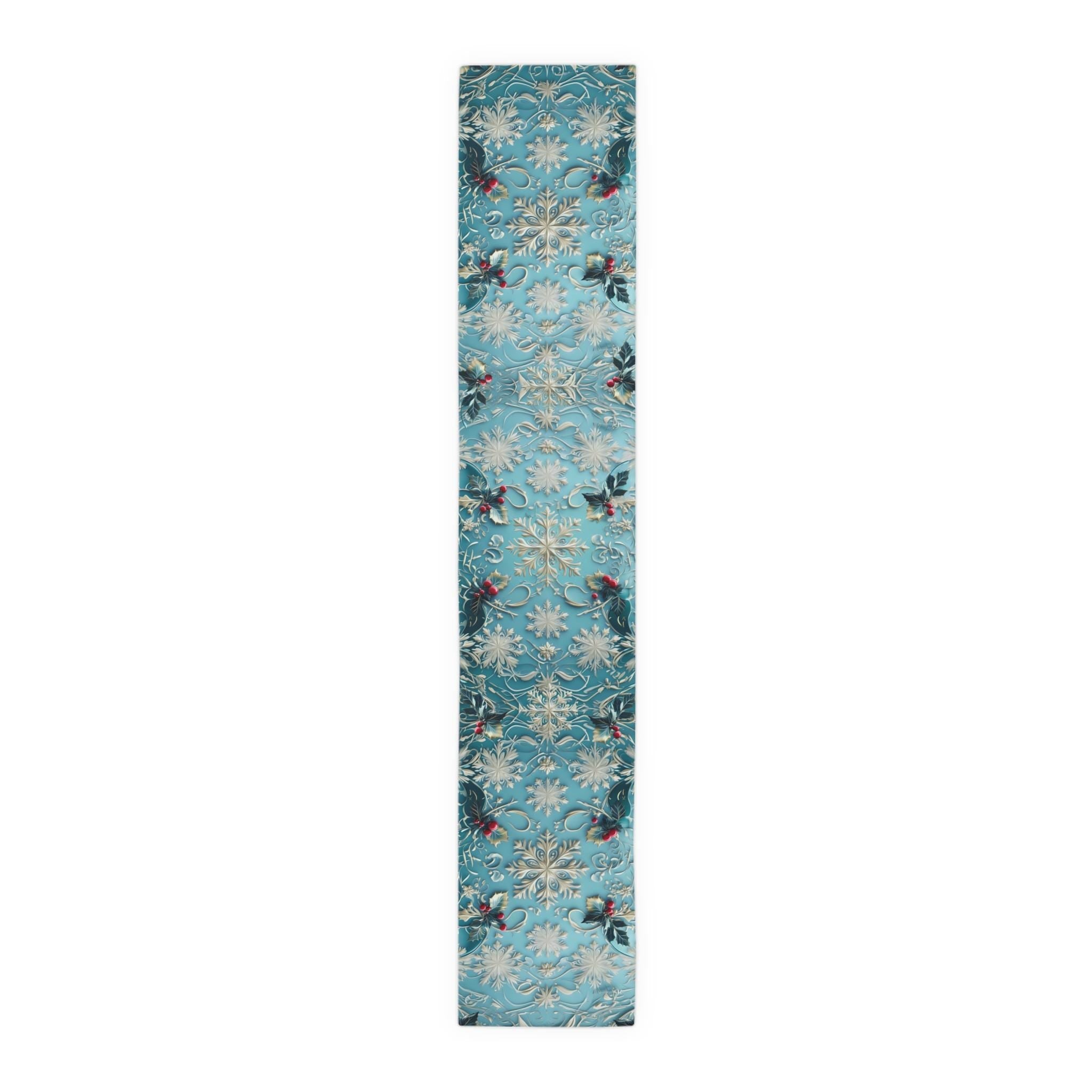 Elegant Blue Christmas Table Runner with Snowflakes, Holly Leaves, and Berries for Festive Dining