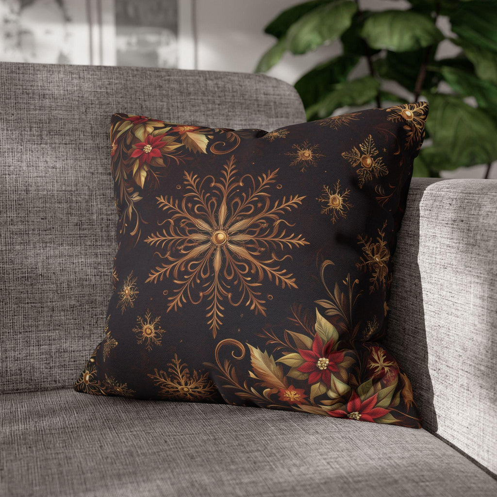 Luxurious Snowflake Poinsettia Pillowcase, Burgundy & Gold Christmas Winter Decor, Elegant Holiday Pillow Cover