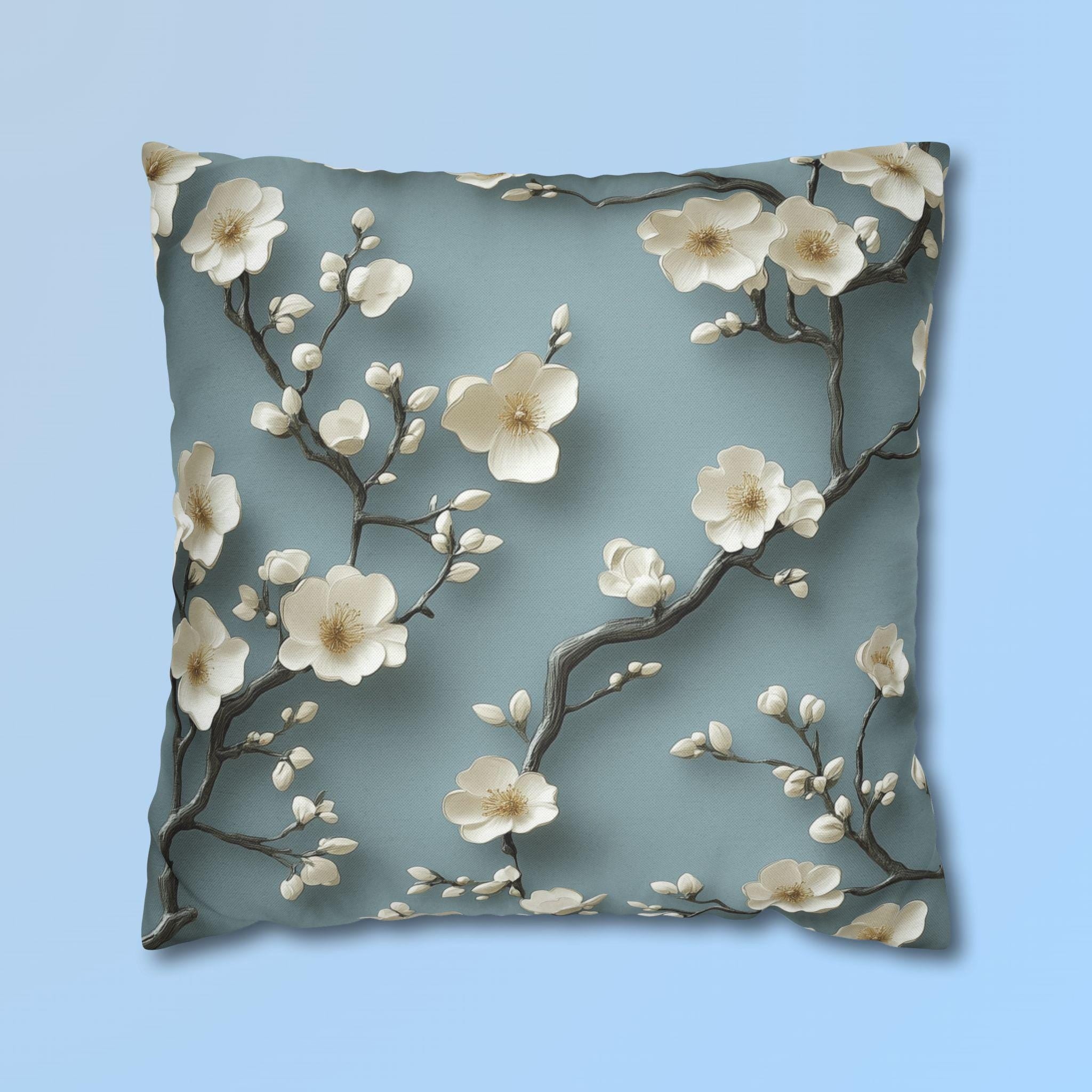 Elegant Chinoiserie Pillowcase: Blue-Teal Gradient Cherry Blossom Design for Home Decor