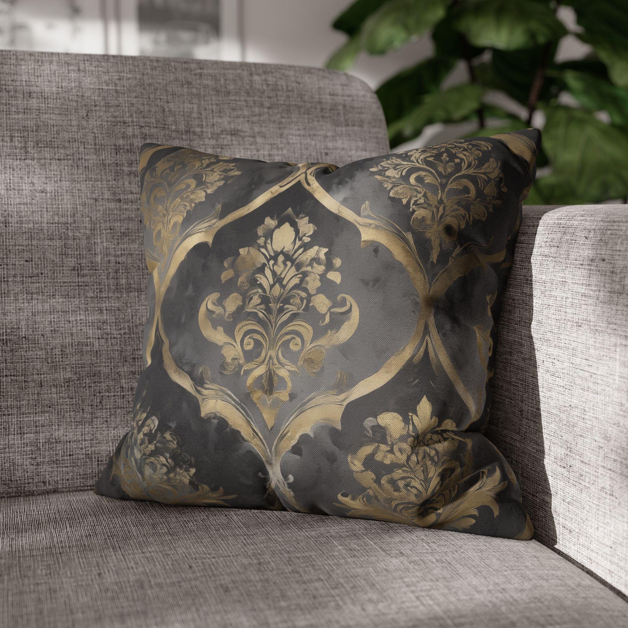 Luxurious Reversible Gold Damask Pillow Cover: Charcoal Gray Decorative Cushion for Elegant Home Decor