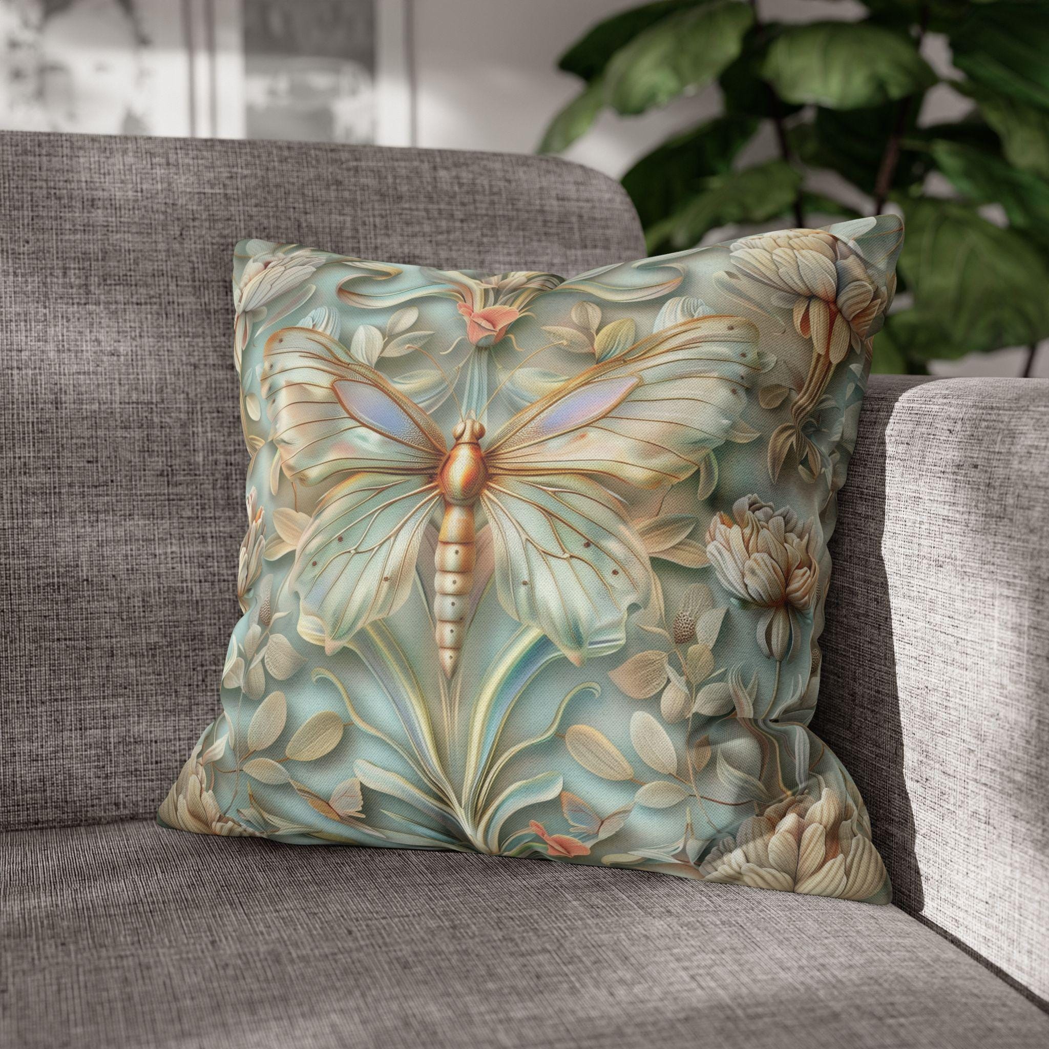 William Morris Butterfly Pillow Cover: Celadon Aqua Pastel Floral Design