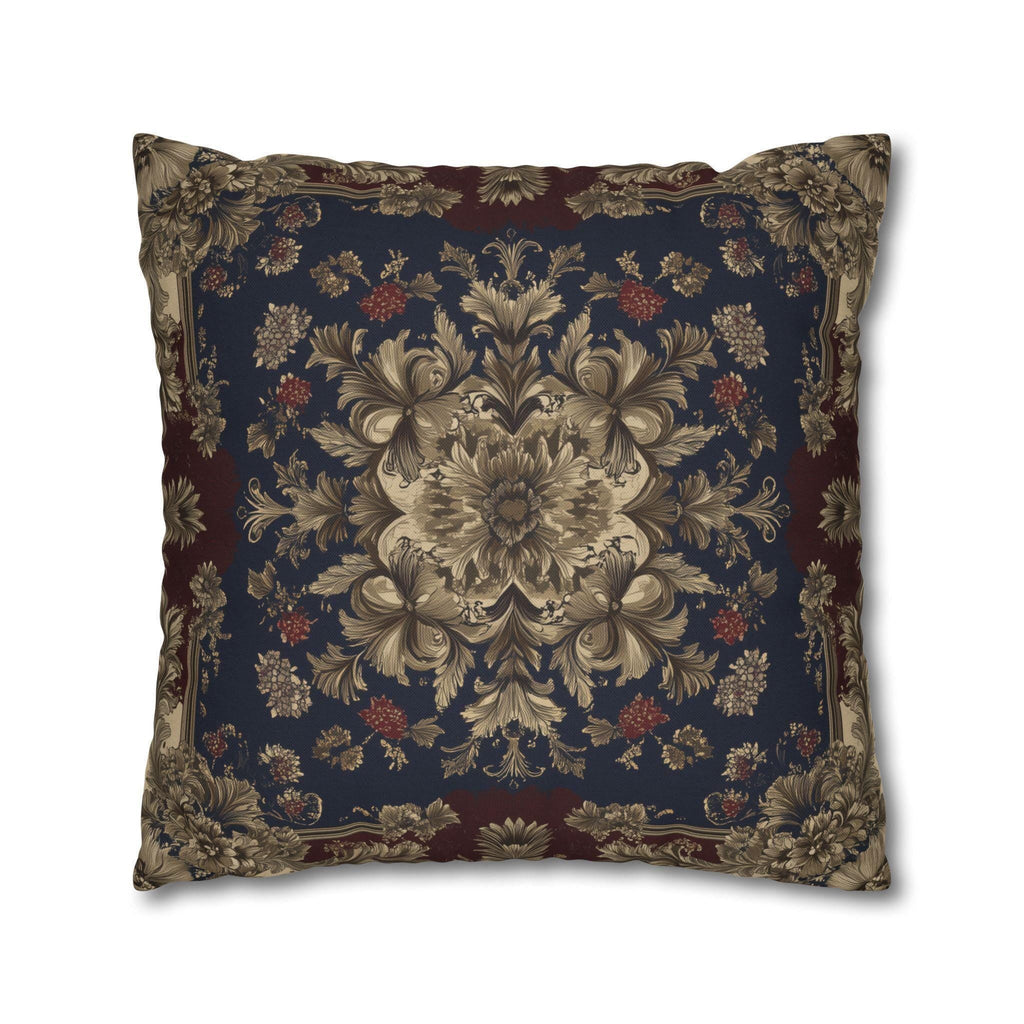 Elegant Vintage-Inspired Tapestry Pillow Cover: Gold Floral Medallion on Navy and Burgundy