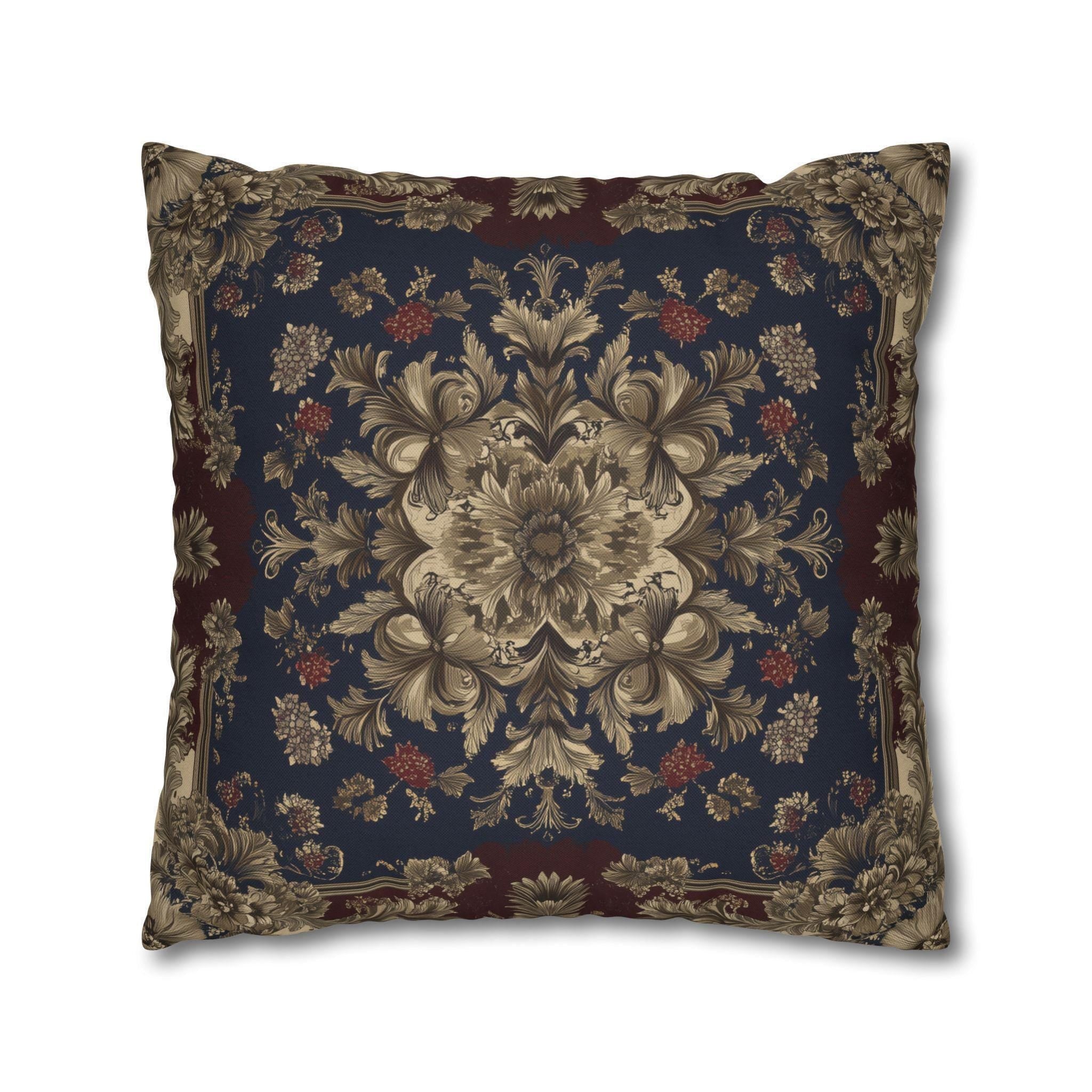 Elegant Vintage-Inspired Tapestry Pillow Cover: Gold Floral Medallion on Navy and Burgundy