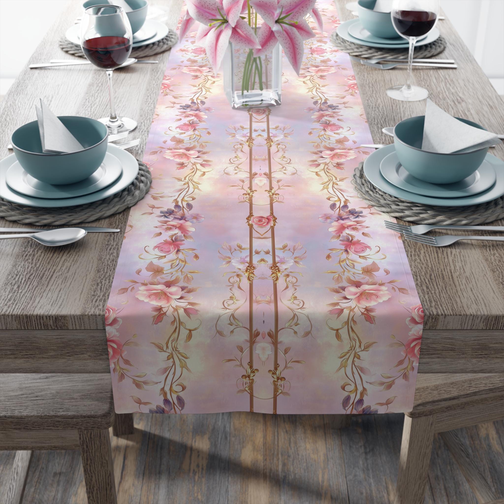 Romantic Floral Table Runner: Pastel Pink Lavender Wedding and Dining Decor