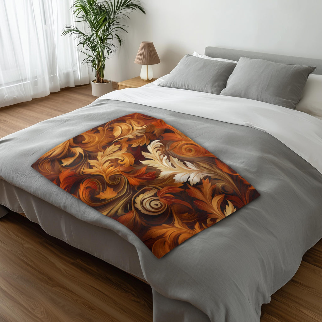 Autumnal Foliage Fleece Blanket: Ornate Swirling Leaves, Cozy Home Decor
