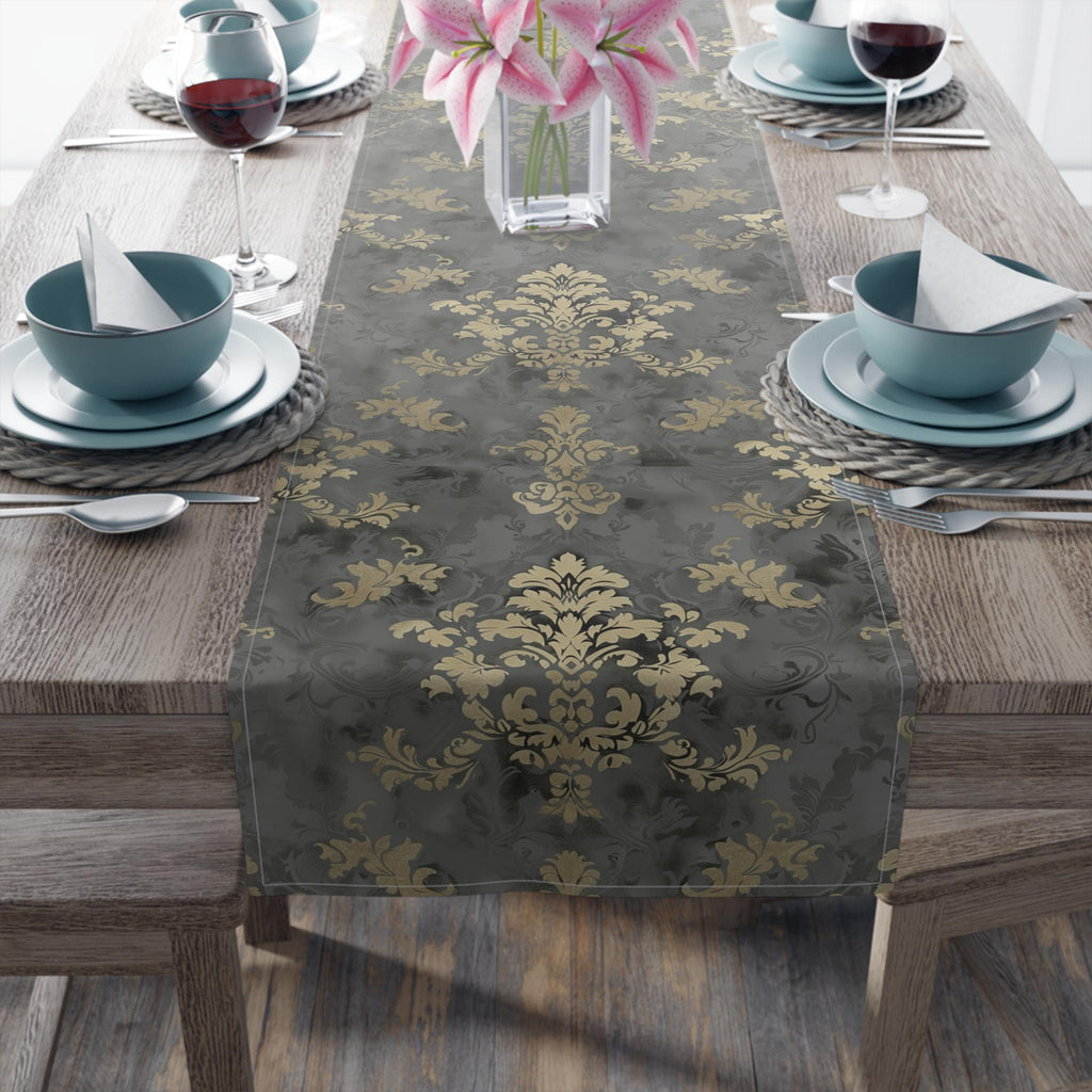 Elegant Damask Table Runner: Muted Gold Floral on Grey for Sophisticated Dining Room Decor