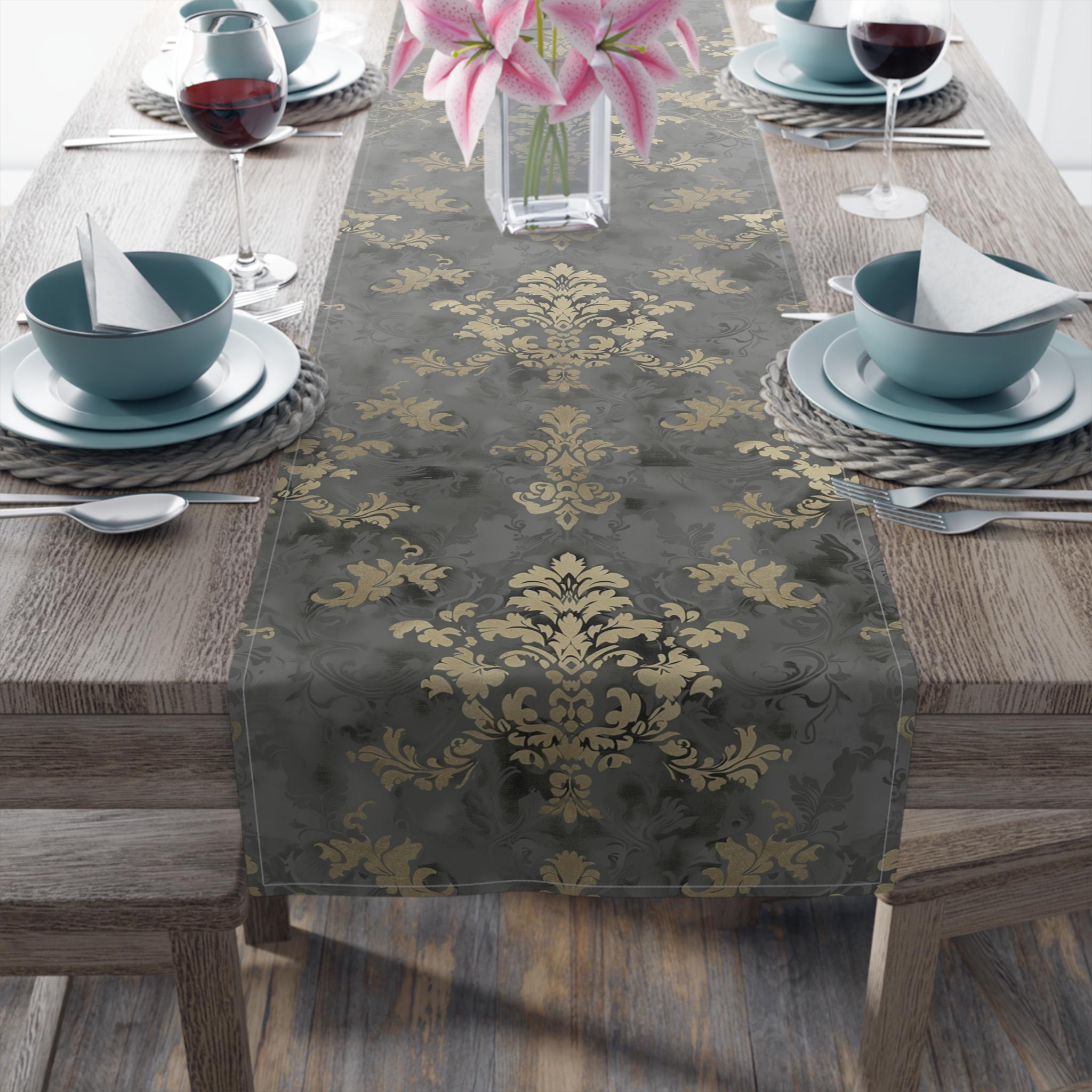 Elegant Damask Table Runner: Muted Gold Floral on Grey for Sophisticated Dining Room Decor