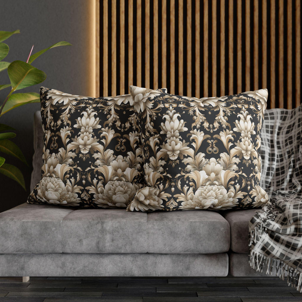 Floral Damask Pillow Cover, Ivory Champagne Gold on Black