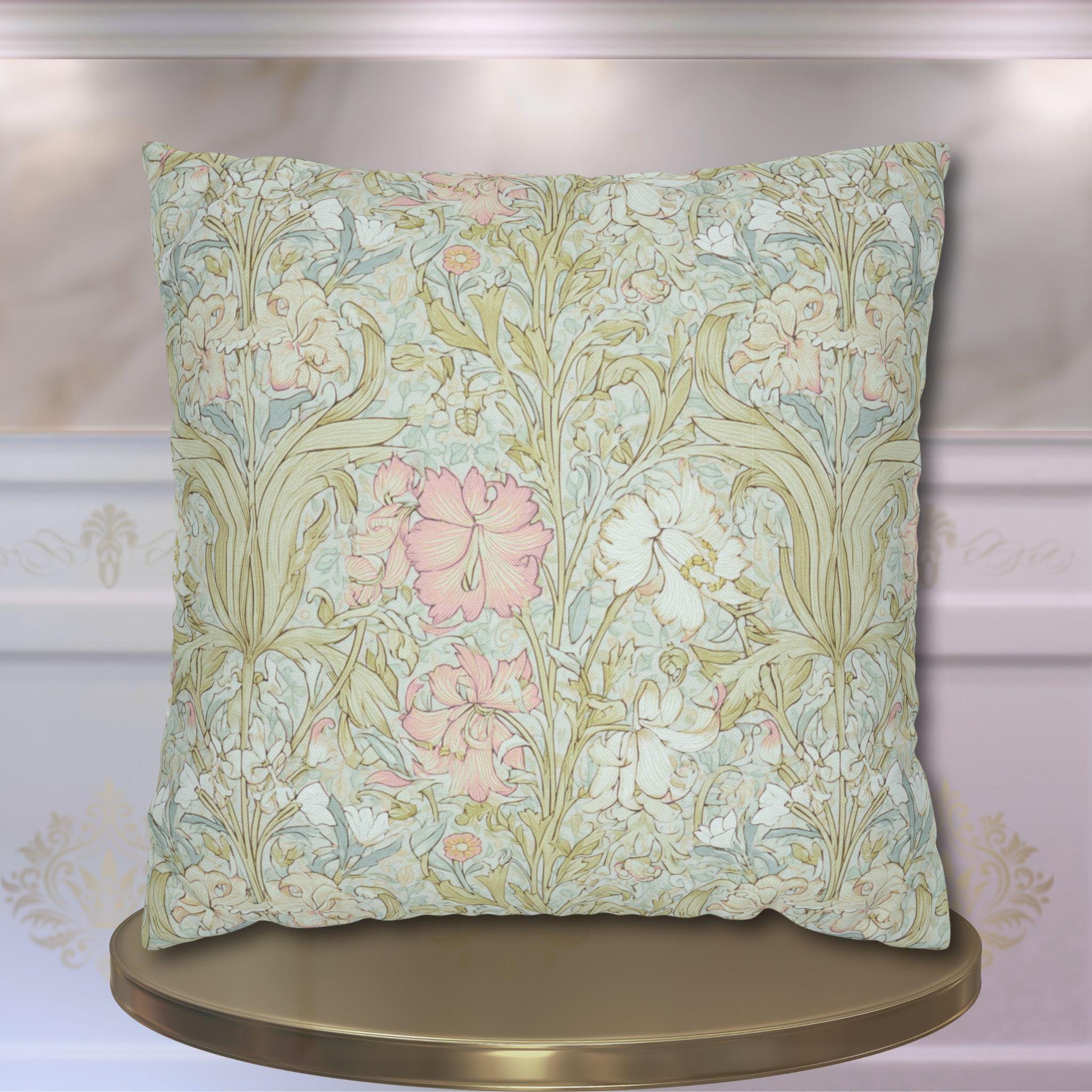 William Morris Style Pillow Cover: Soft Sage and Blush Botanical Ivory Cottage Decor