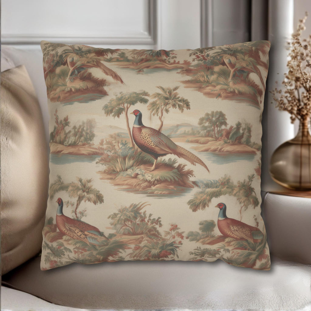 French Toile Pheasant Pillow Cover: Vintage Style Country Bird Scene