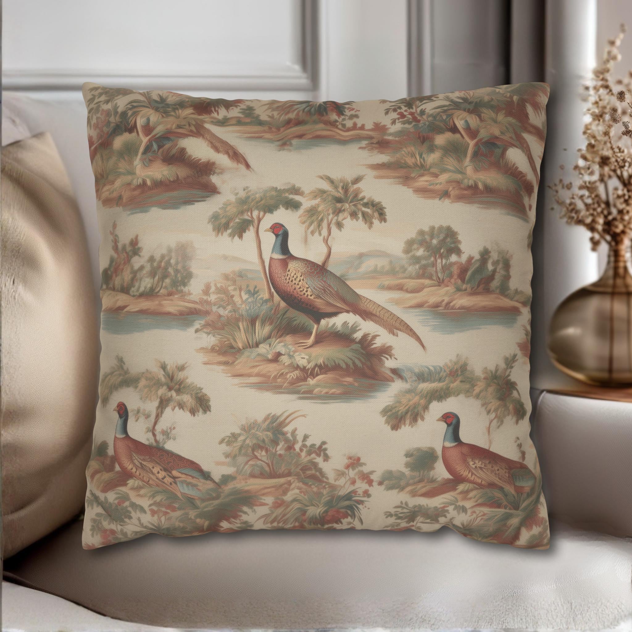 French Toile Pheasant Pillow Cover: Vintage Style Country Bird Scene