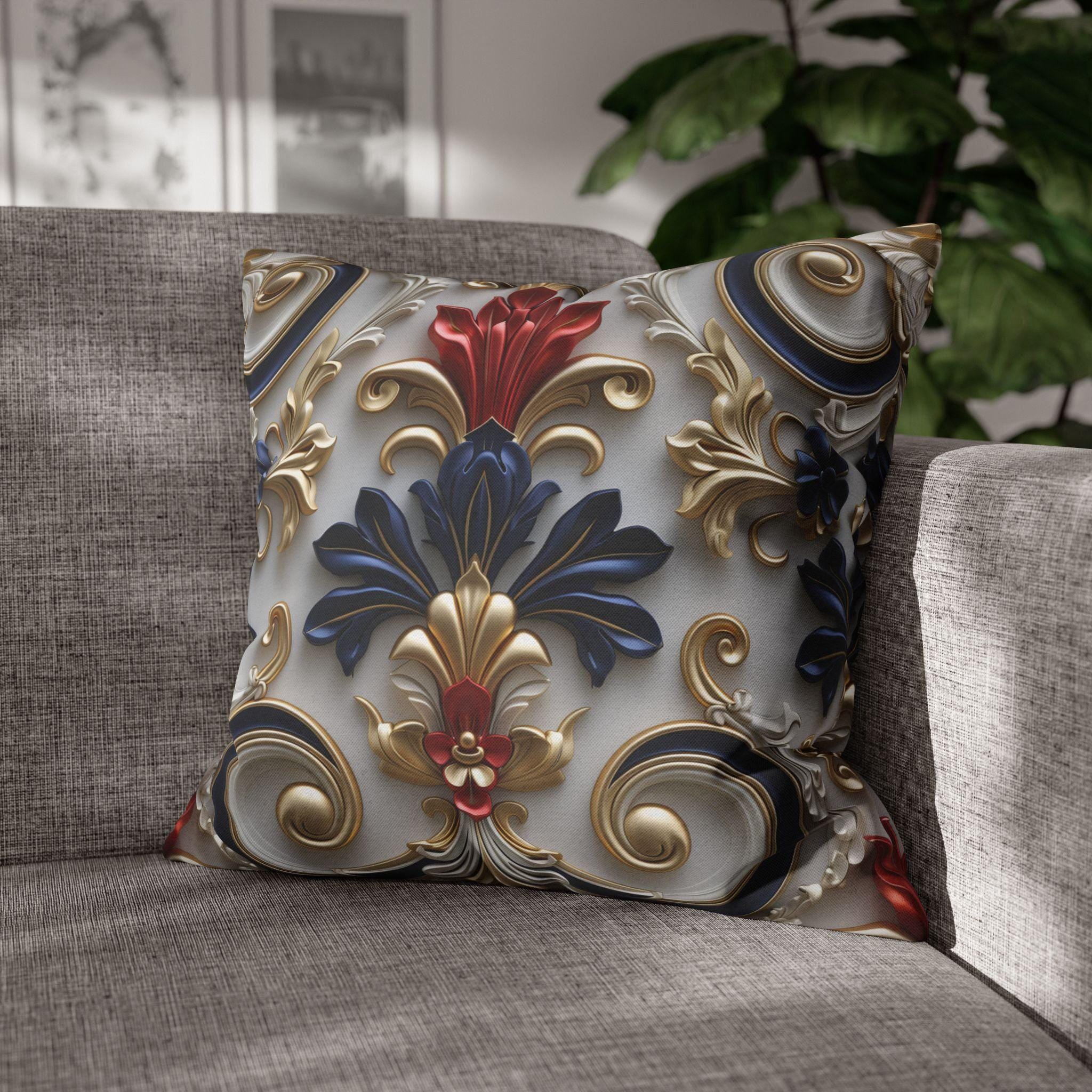 Baroque Floral Pillow Cover: Red, Blue, Gold Foliate Motifs