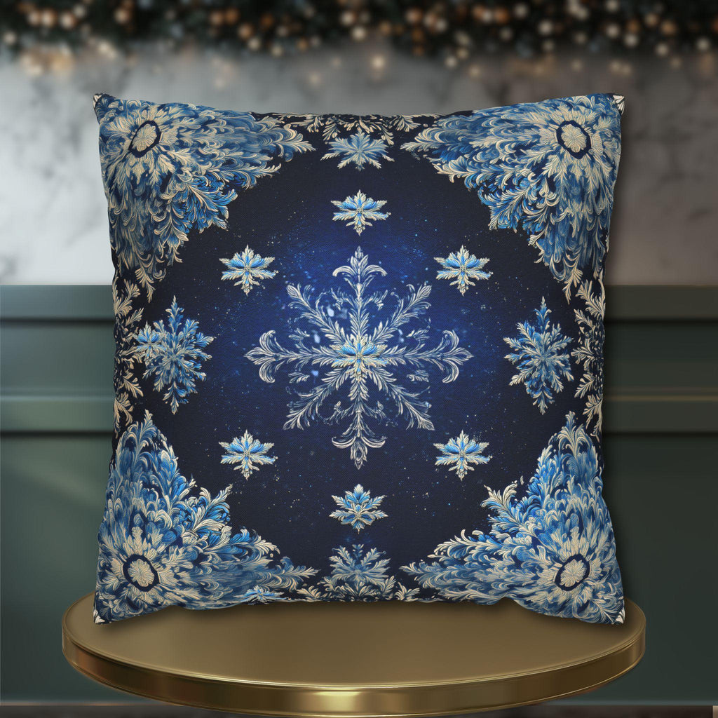 Sapphire Blue Snowflake Damask Christmas Throw Pillow Cover: Gold & White Winter Accent